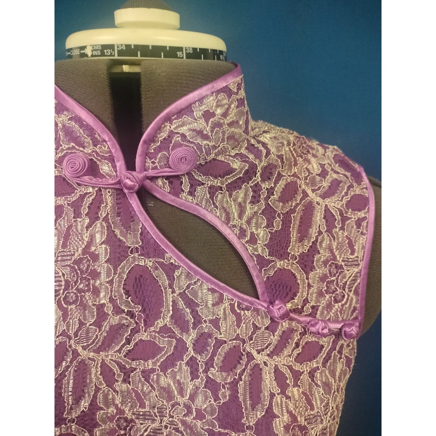Purple Lace Cheongsam-Inspired Dress With High Collar & Keyhole Detail
