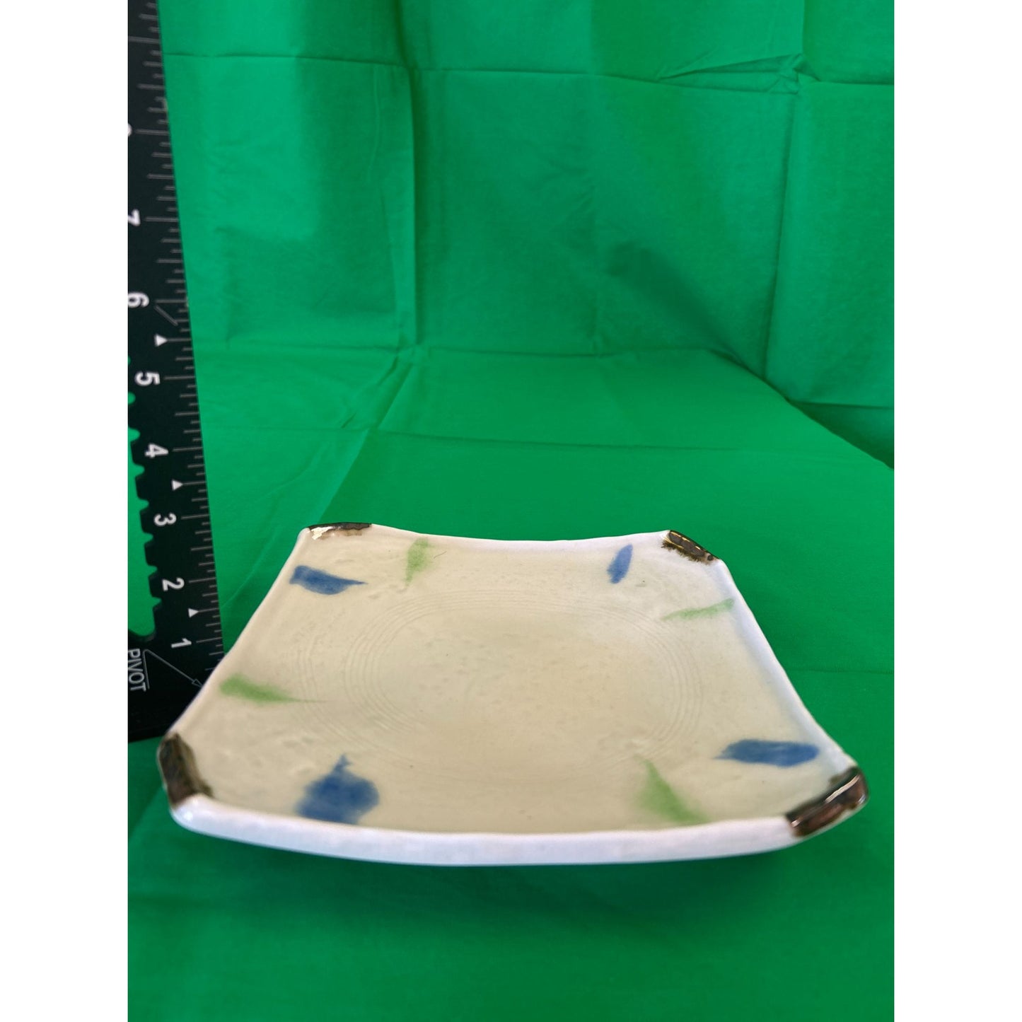 Hand-Painted Square Ceramic Plate With Abstract Blue & Green Accents