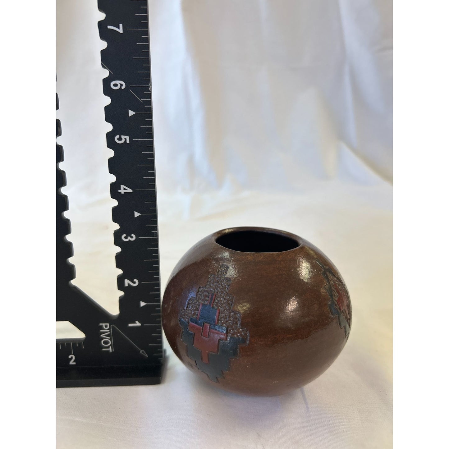 Handcrafted Brown Ceramic Navajo Pottery Vase With Red & Black Geometric Design 3.5" Tall