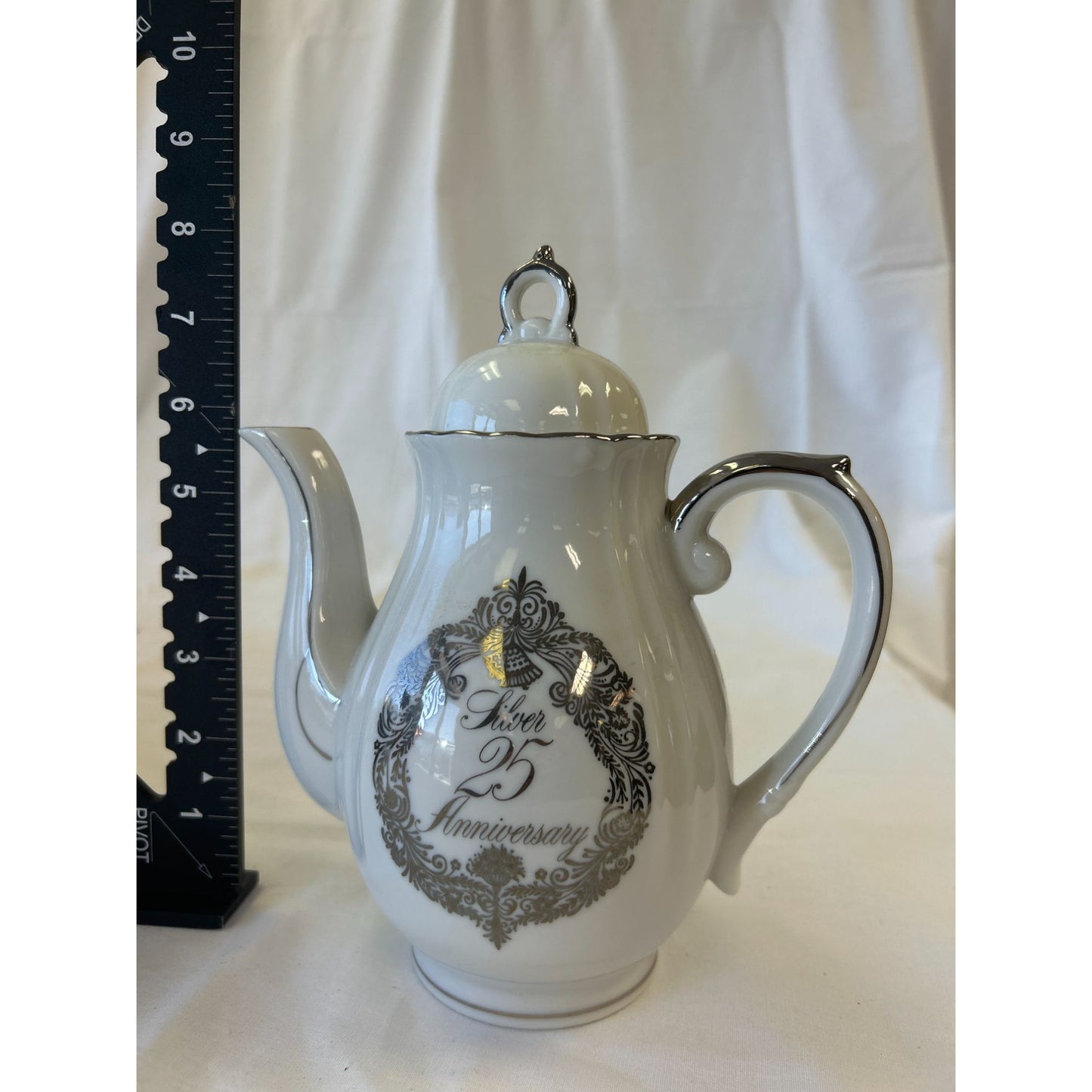 Silver 25th Anniversary Porcelain Tea Pot With Lid & Silver Accents