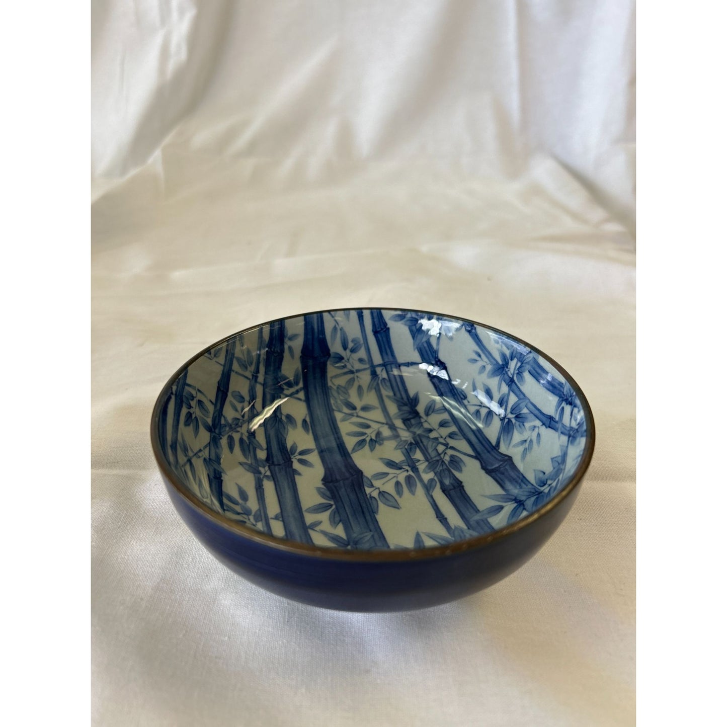 Blue & White Ceramic Bowl With Bamboo Design 6" Diameter