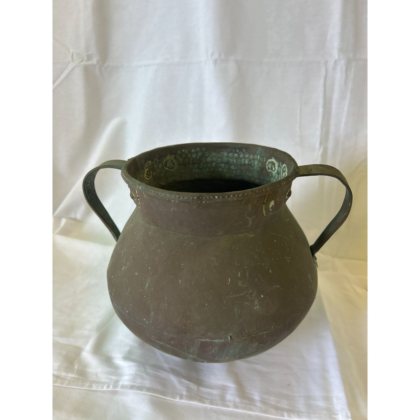 Antique Handcrafted Copper Pot With Dual Handles & Patina Finish
