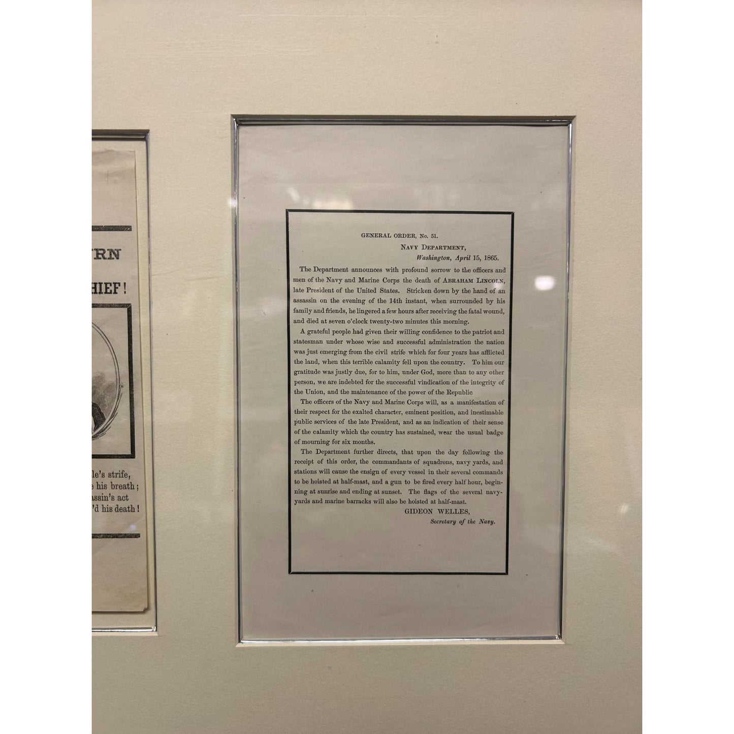 Framed Abraham Lincoln Memorabilia Print "We Mourn Our Nations Chief" & Navy Dept. General Order No. 51