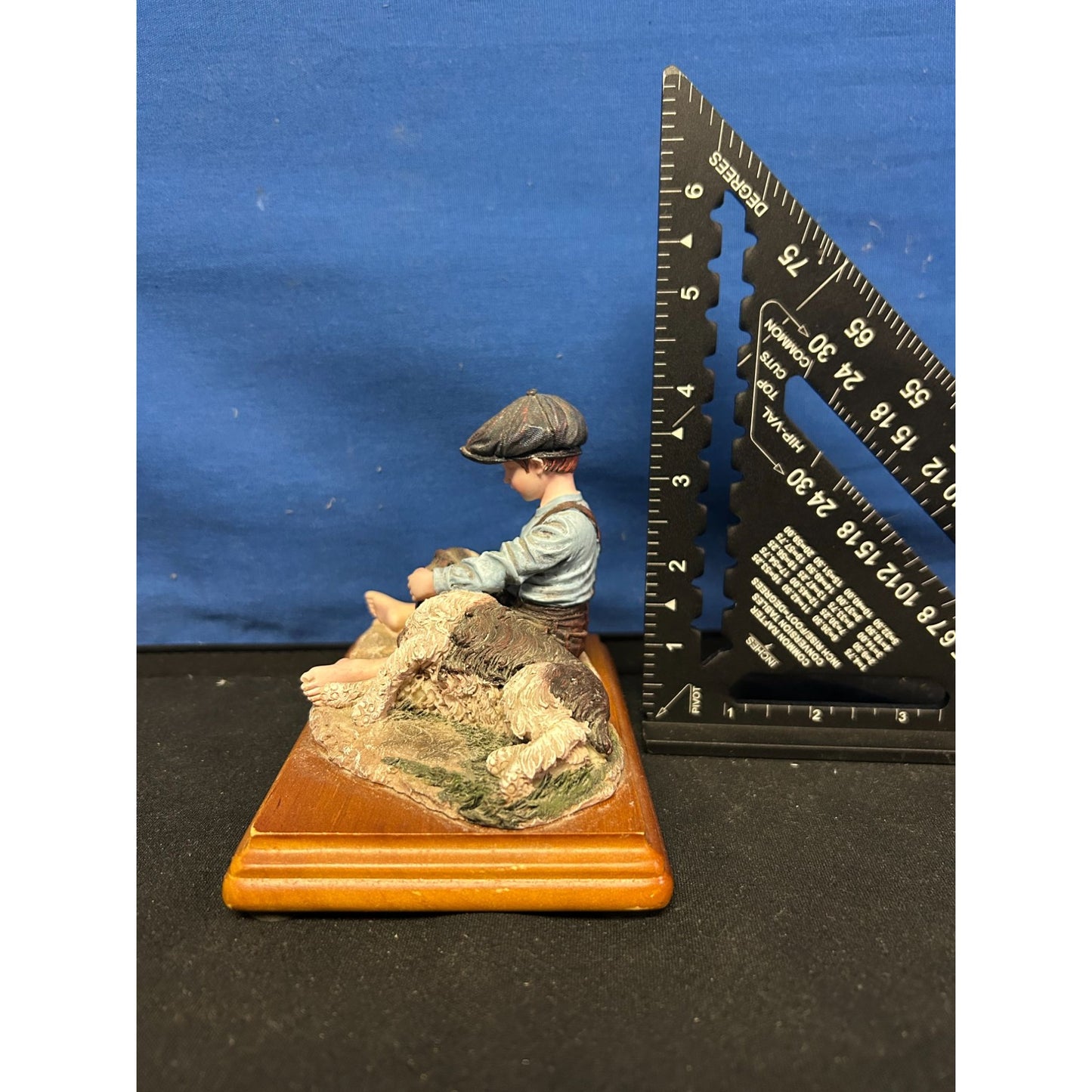 Boy & Dog Figurine On Wooden Base - 4 Inches Tall - Hand-Painted Resin