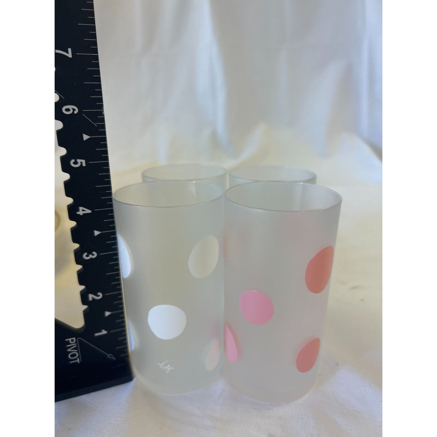 Set Of 4 Libbey Frosted Glasses W/ Pink & White Polka Dots