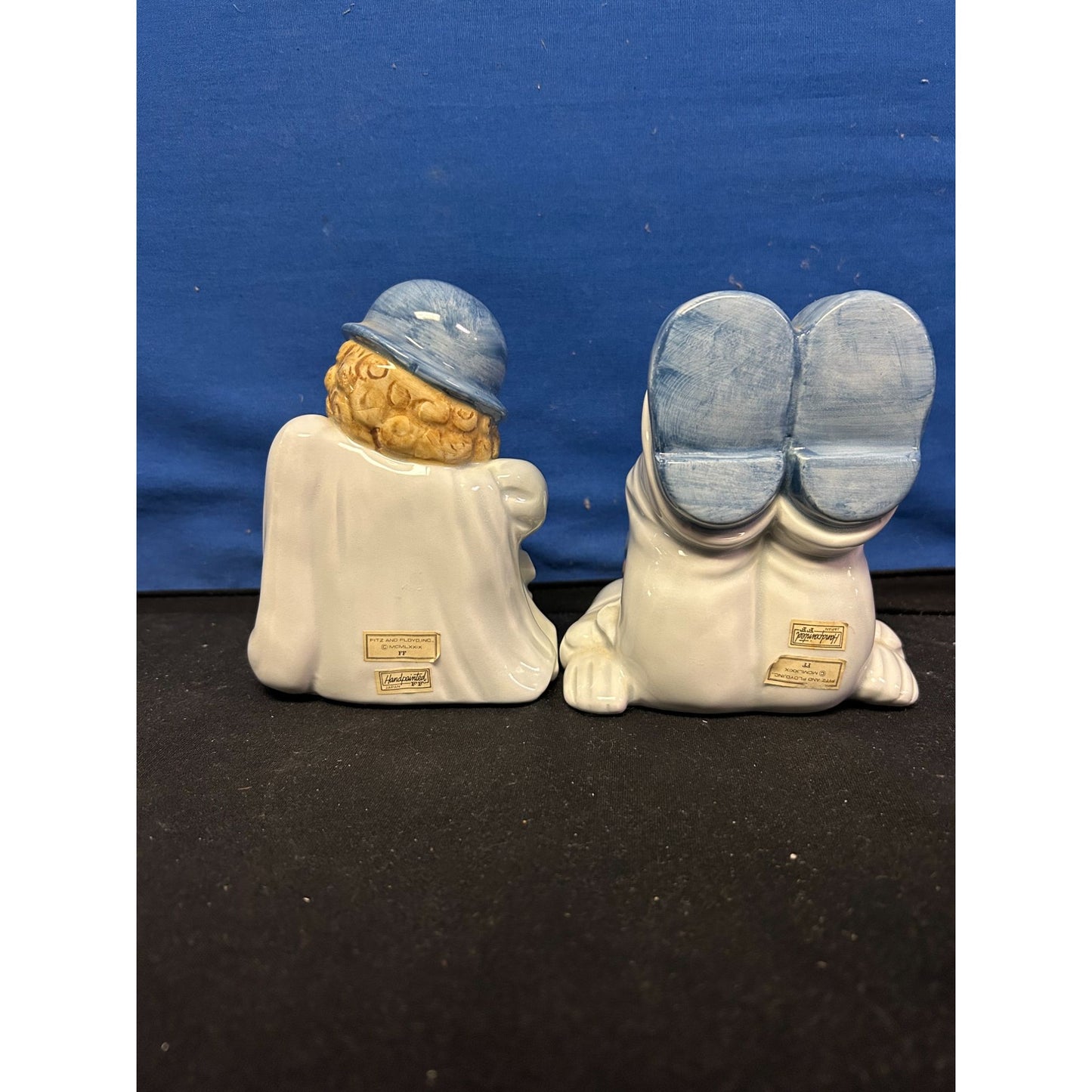 Vintage Clown Ceramic Bookends Blue & White Hand-Painted 4" Set Of 2
