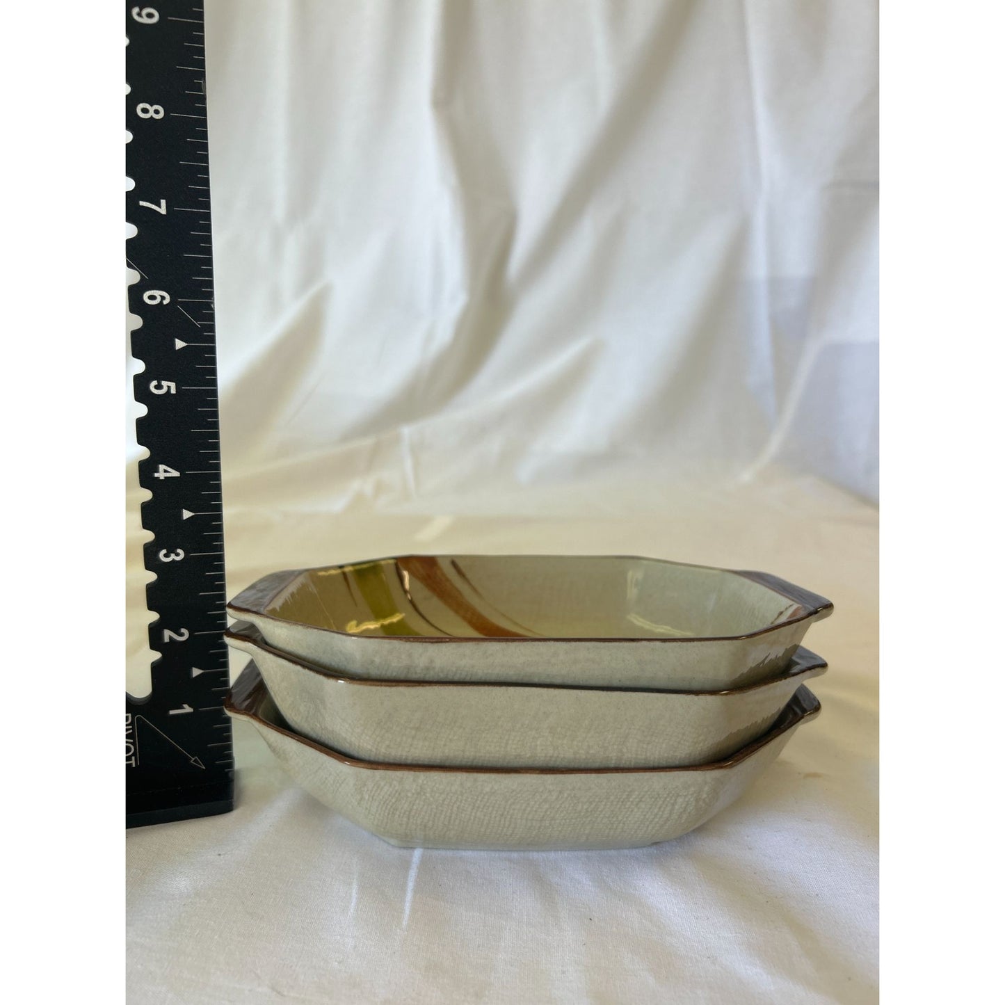 Set Of 3 Vintage Ceramic Hexagonal Bowls Beige & Brown Glaze 6" Diameter Unique Design