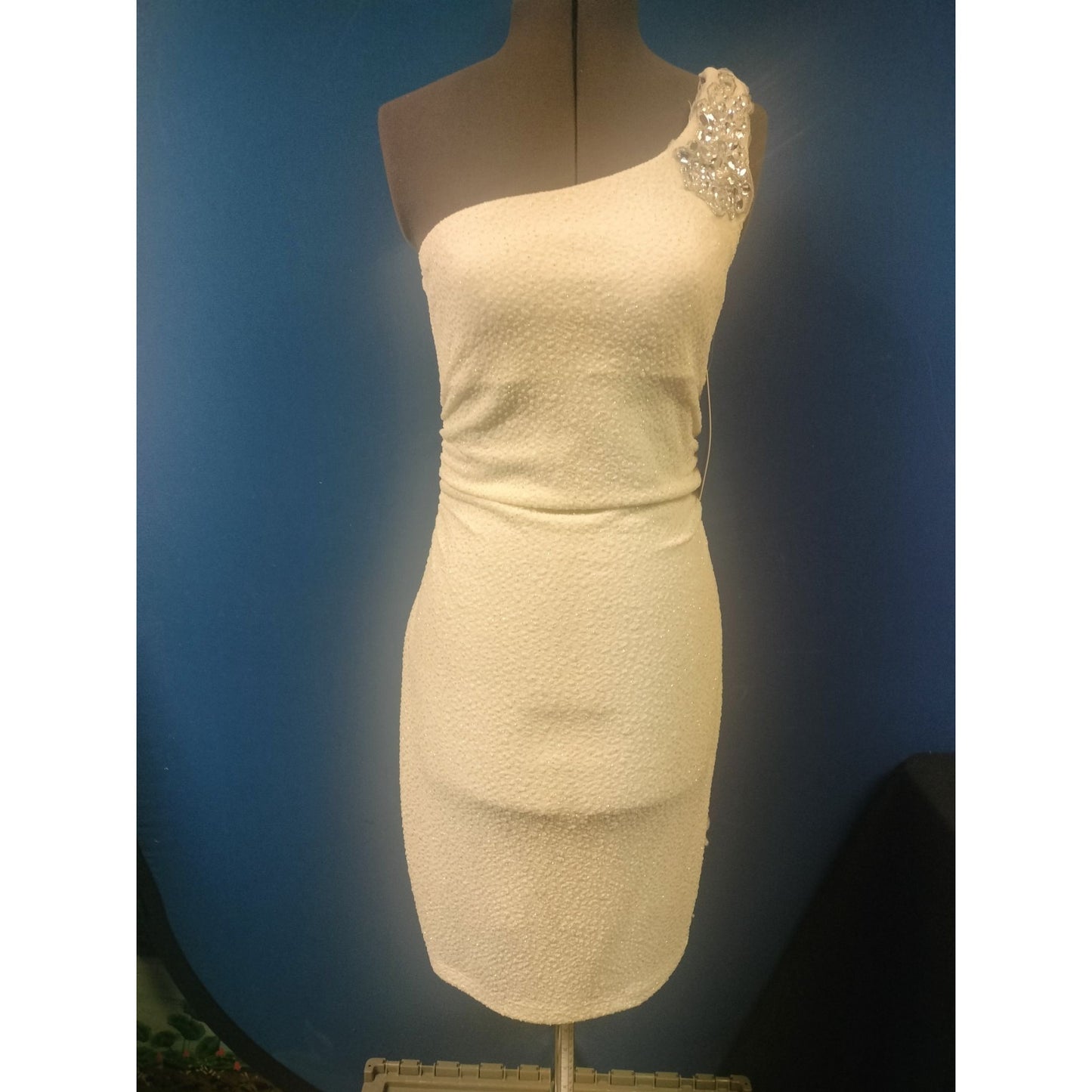 One-Shoulder Ivory Mini Dress With Beaded Detail By Emerald Sundae Size Large