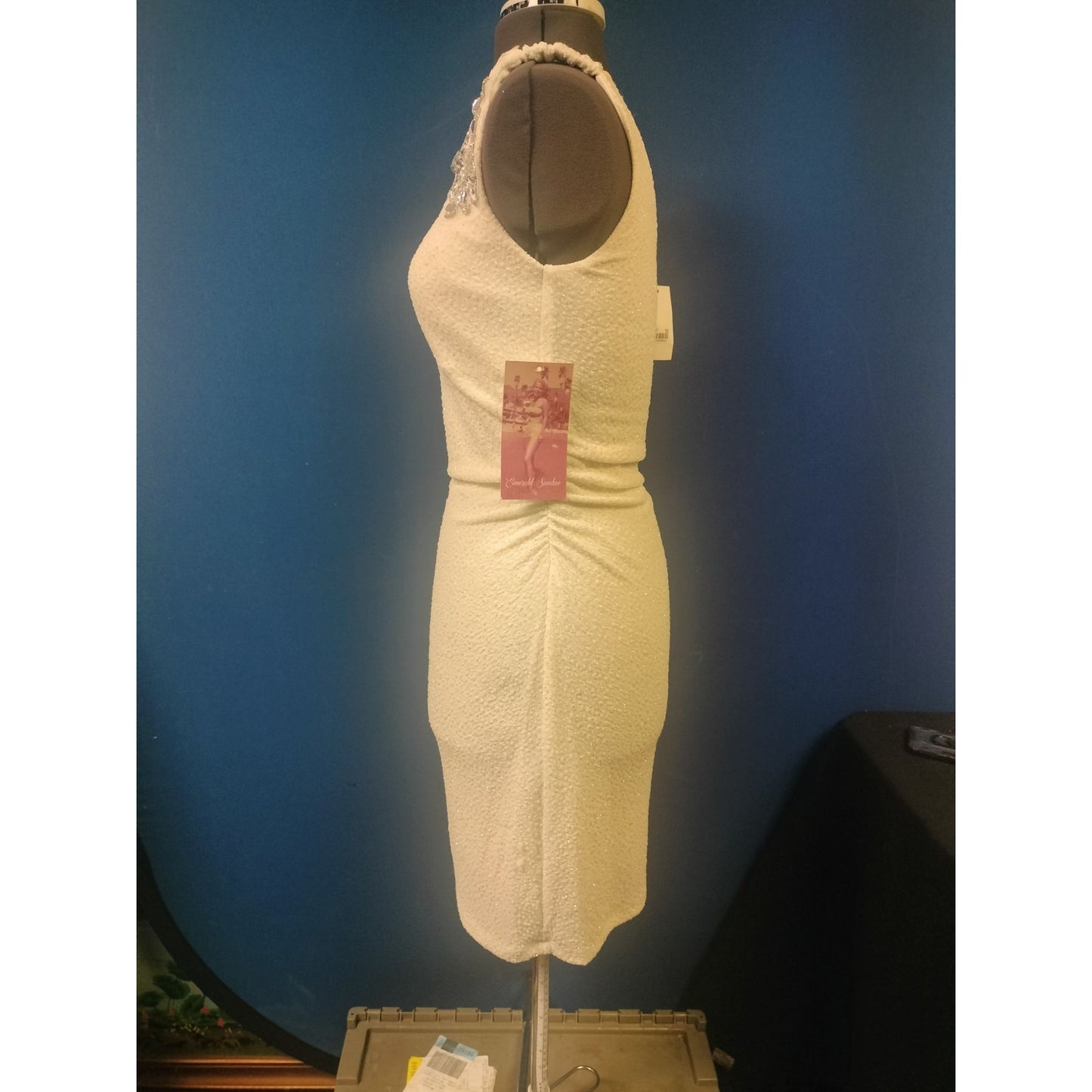 One-Shoulder Ivory Mini Dress With Beaded Detail By Emerald Sundae Size Large