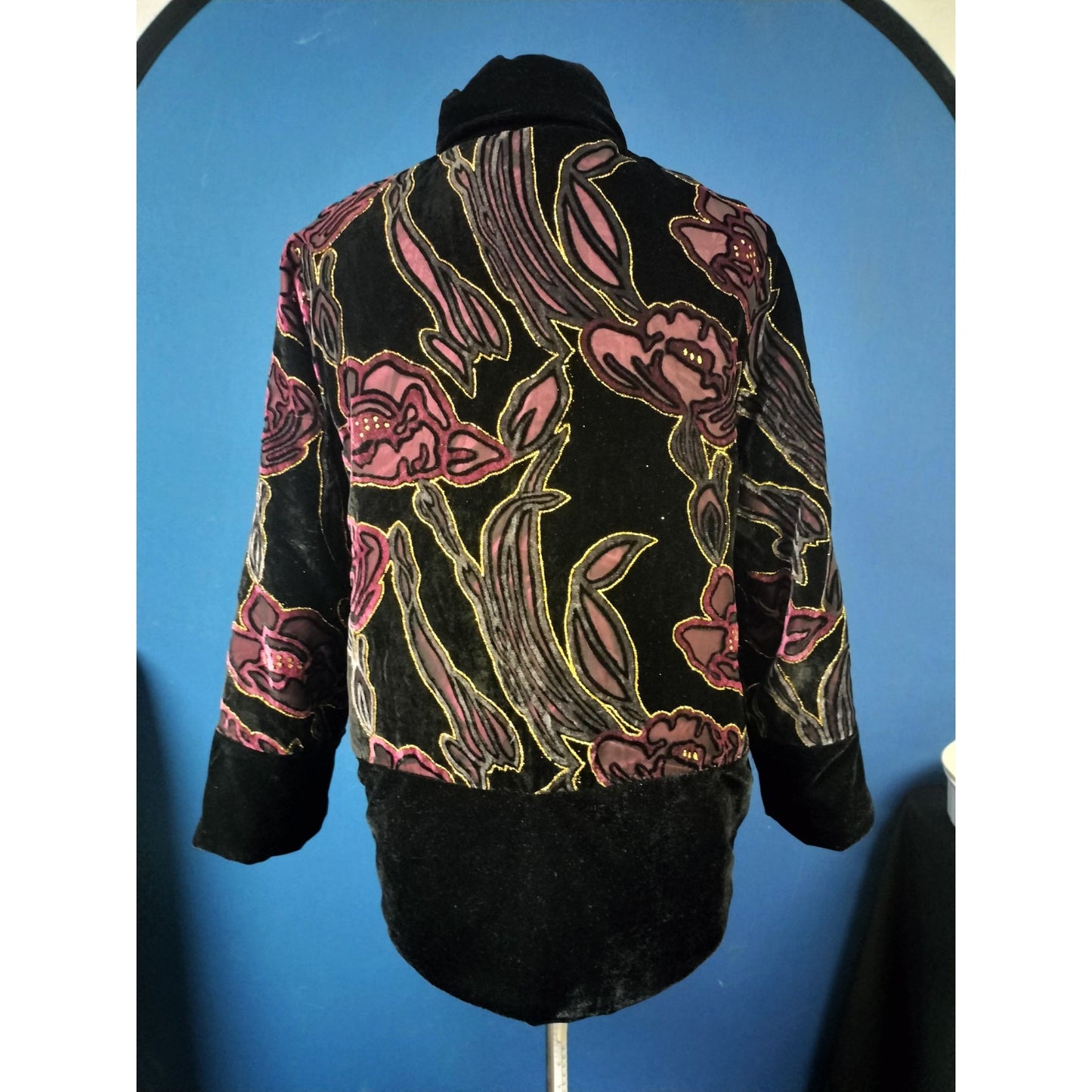 Vintage Black Velvet Floral Embroidered Jacket With Frog Closures XL