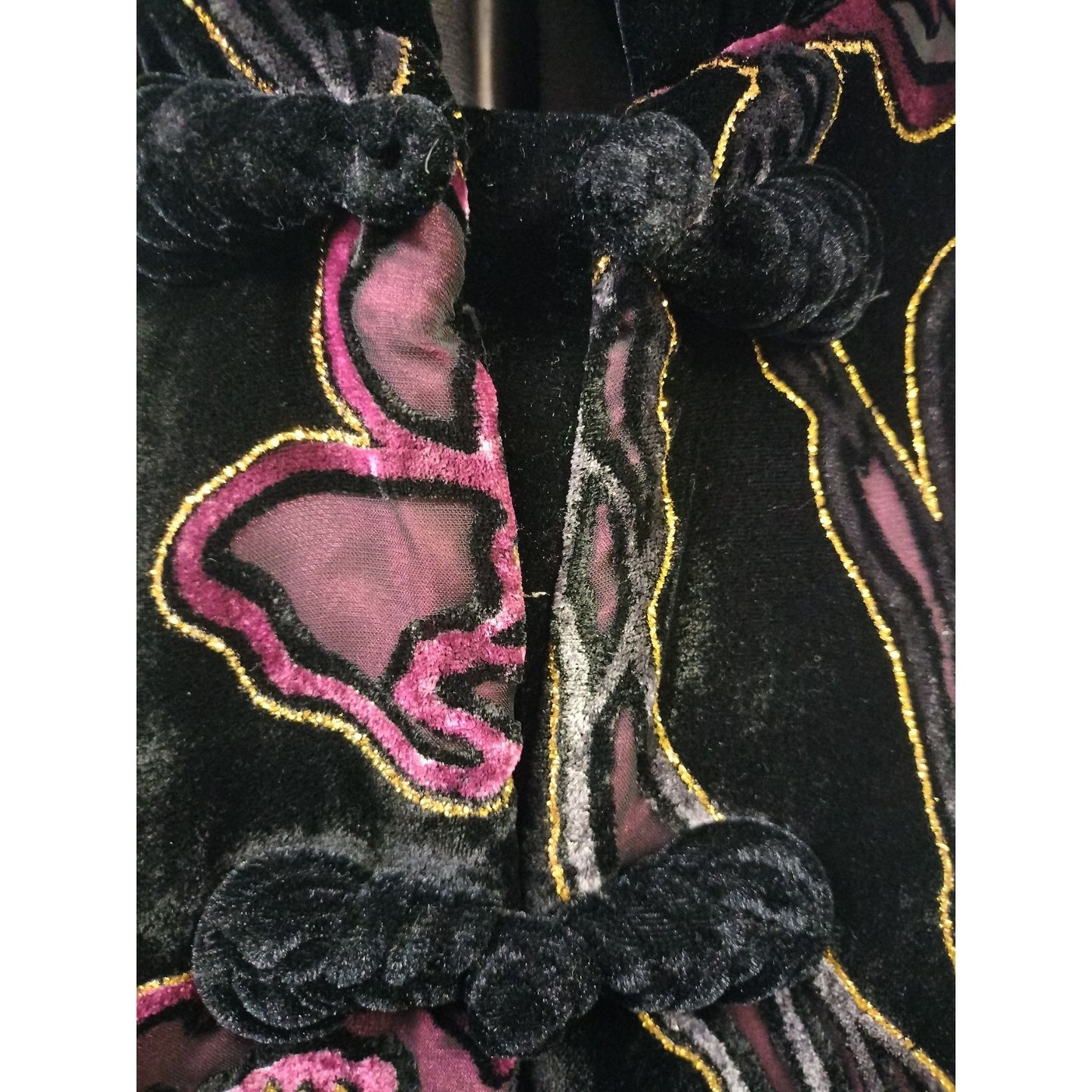 Vintage Black Velvet Floral Embroidered Jacket With Frog Closures XL