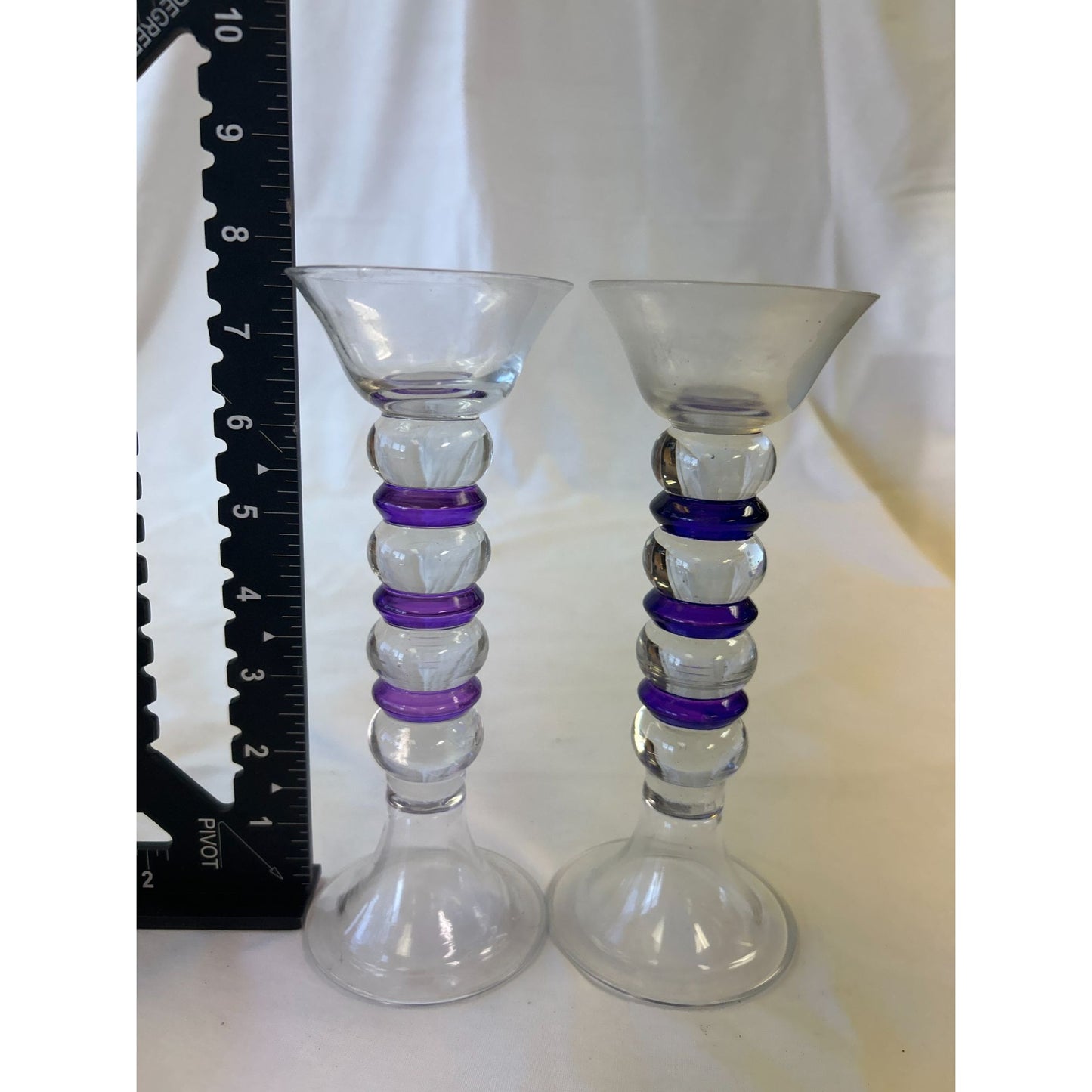 Vintage Glass Candle Holders With Purple Accents 7.5" Tall