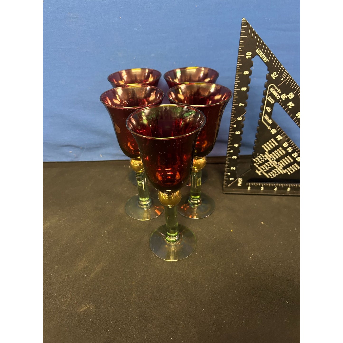 Set Of 5 Vintage Red & Green Glass Goblets With Gold Accents