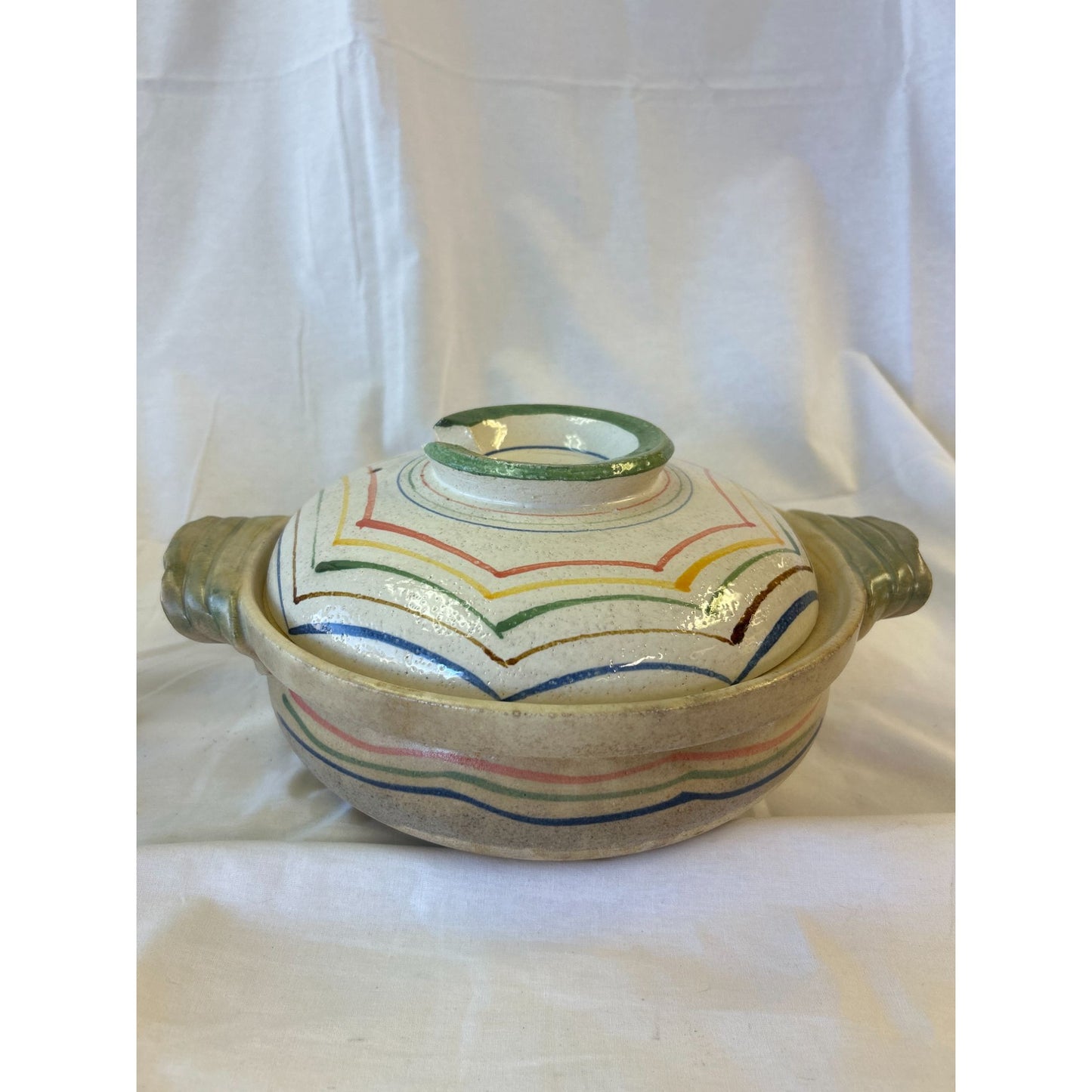 Handcrafted Ceramic Lidded Casserole Dish With Handles - Multicolor Striped Design - Rustic Kitchenware