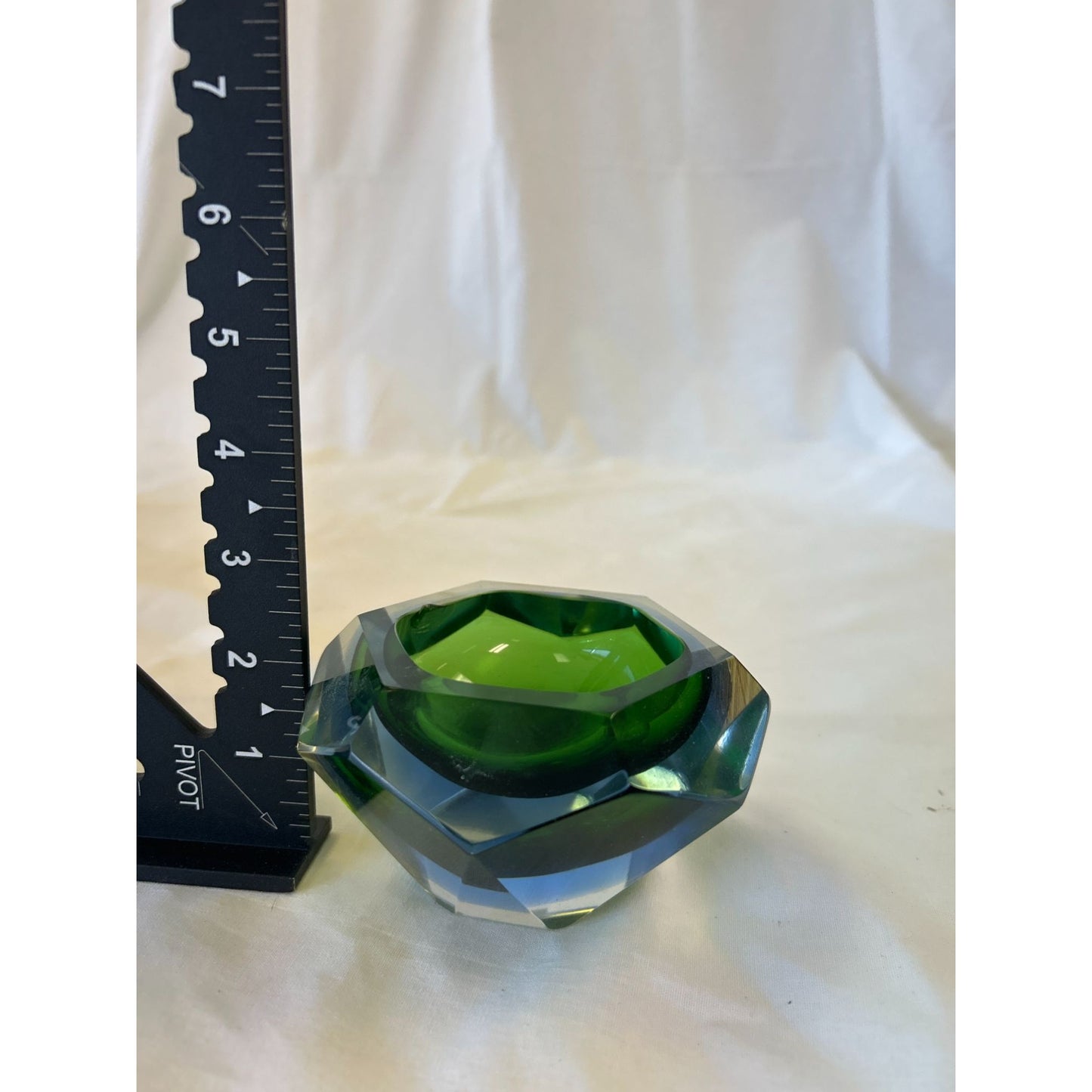 Vintage Green & Blue Murano Art Glass Ashtray Dish - Faceted Crystal Design