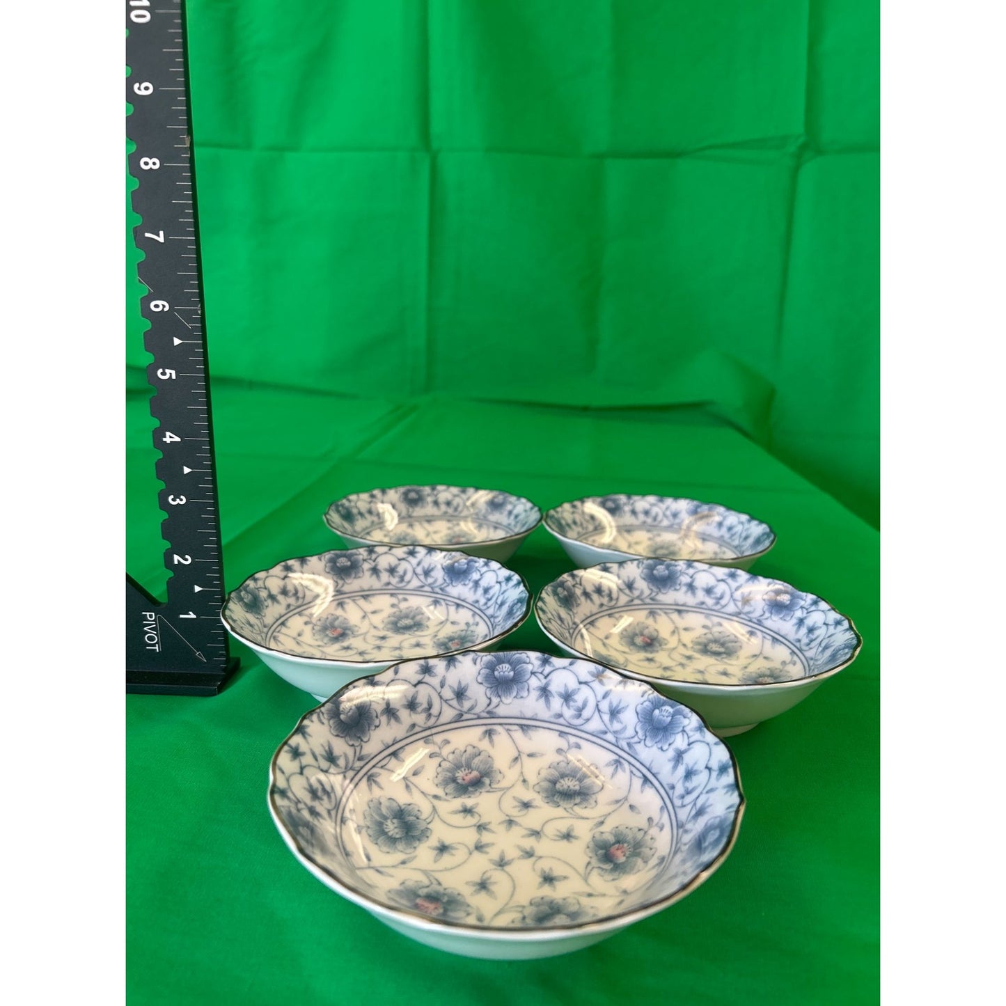 Set Of 5 Vintage Blue & White Floral Porcelain Bowls