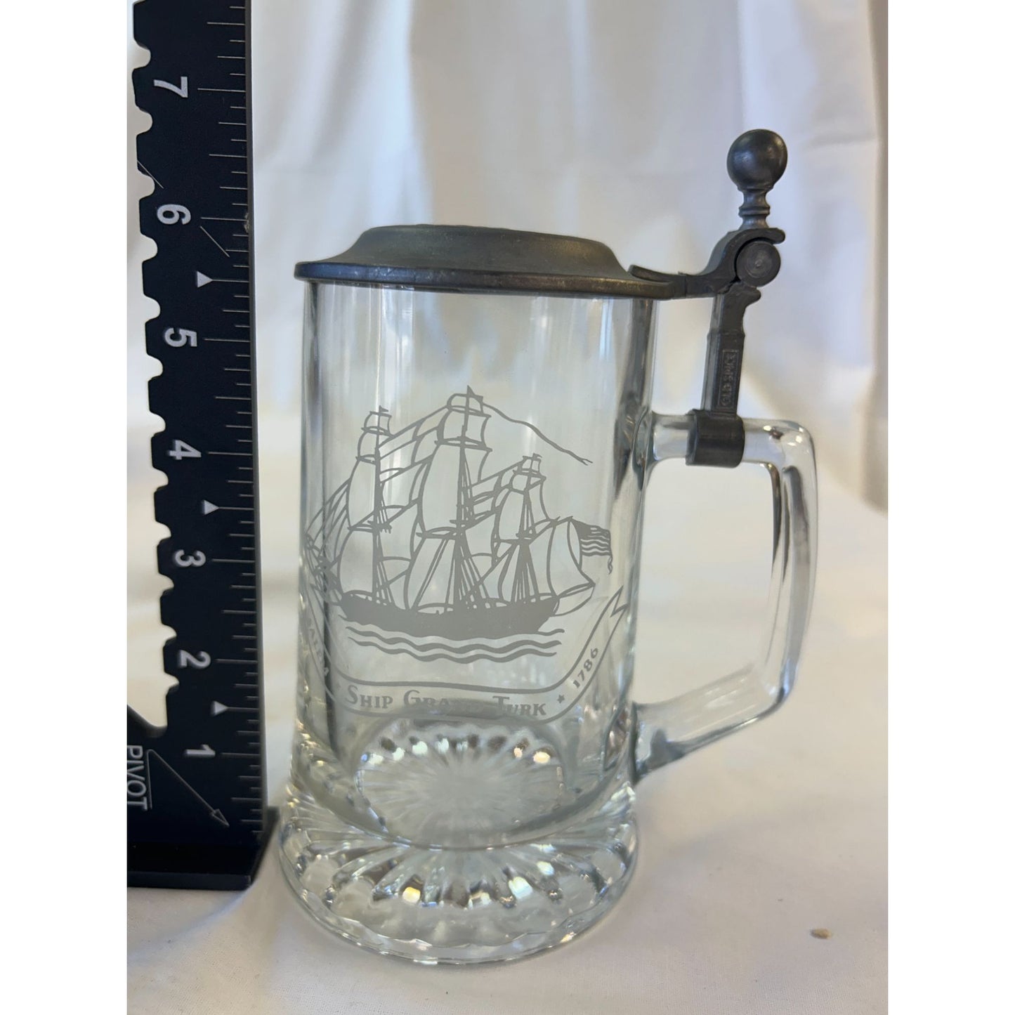 Vintage Glass Beer Stein W/ Pewter Lid & Ship Graphic Design