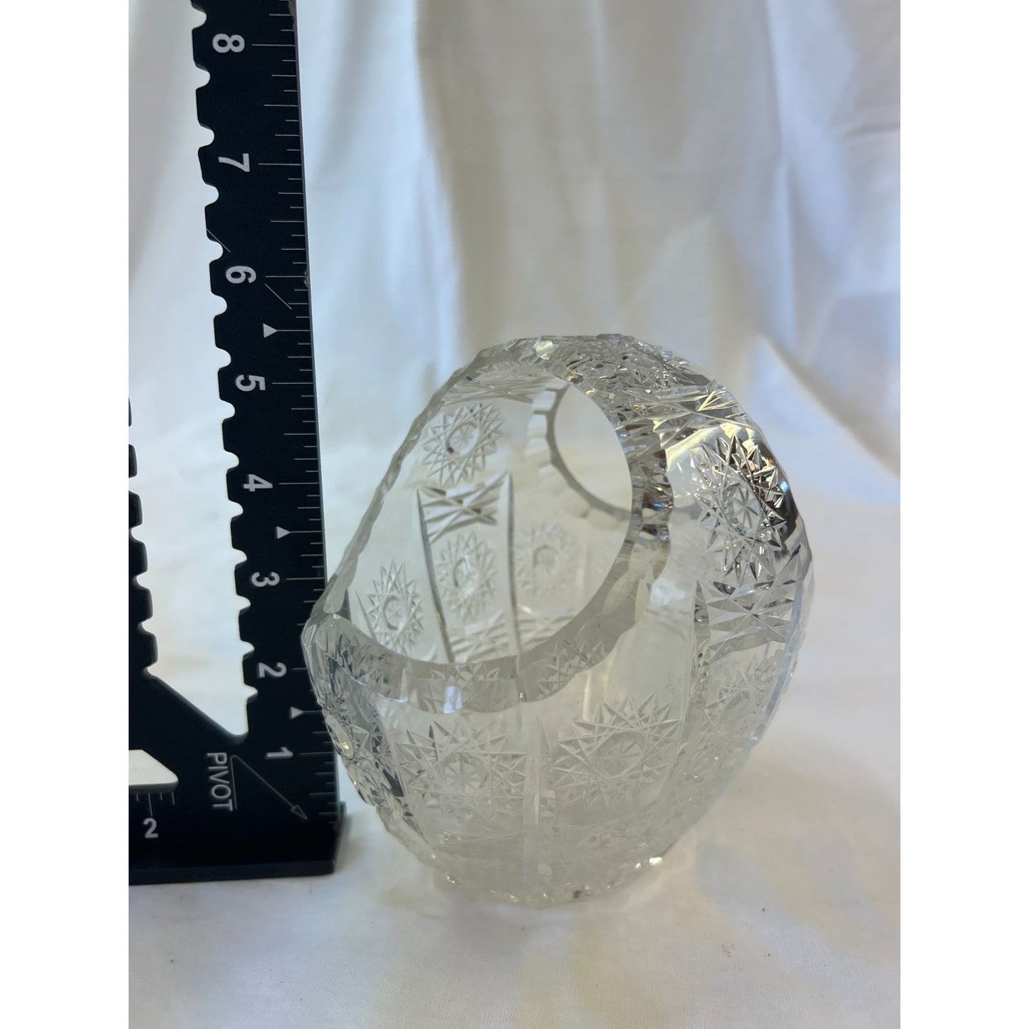 Vintage Bohemian Lead Crystal Cut Glass Basket Vase With Starburst Design