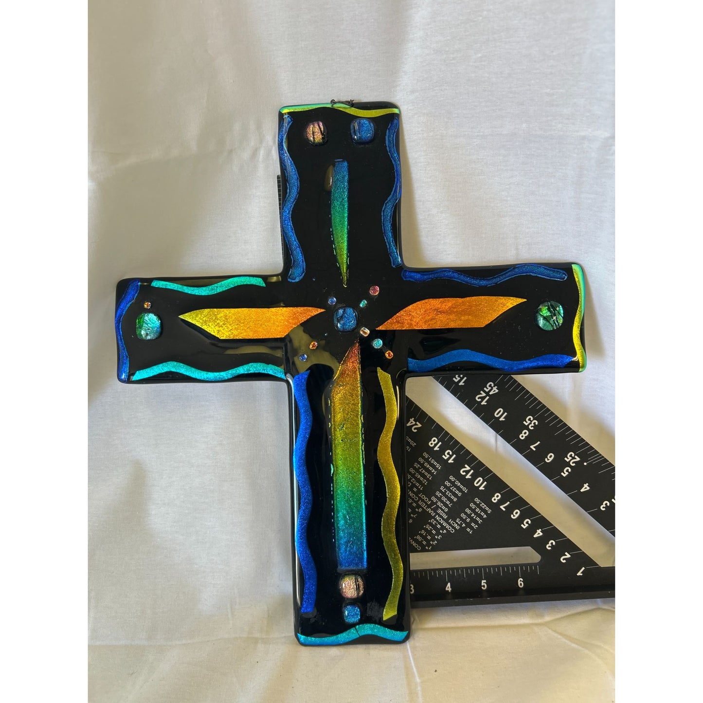 Handmade Stained Glass Cross Wall Decor With Vibrant Colors & Abstract Design