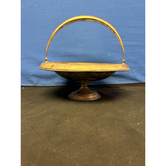 Antique Brass Pedestal Basket With Handle & Etched Floral Design