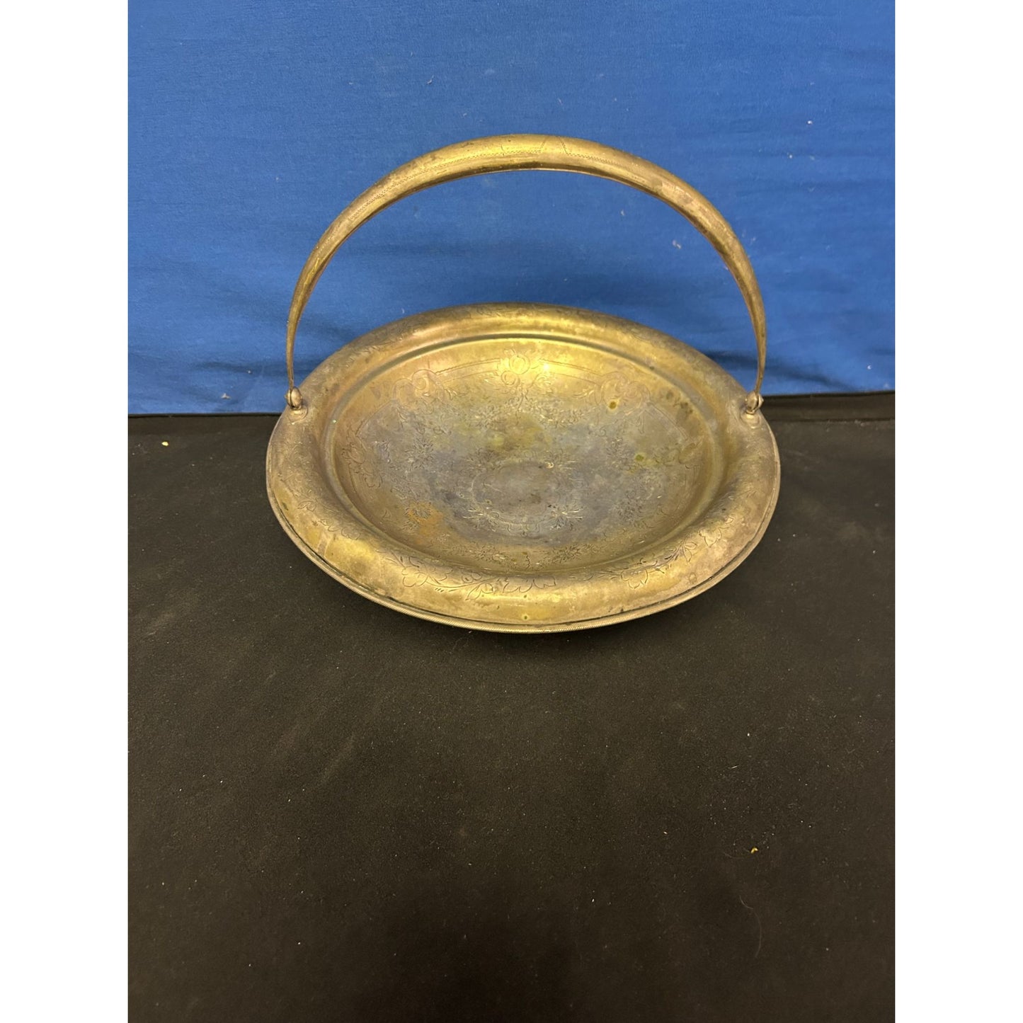 Antique Brass Pedestal Basket With Handle & Etched Floral Design
