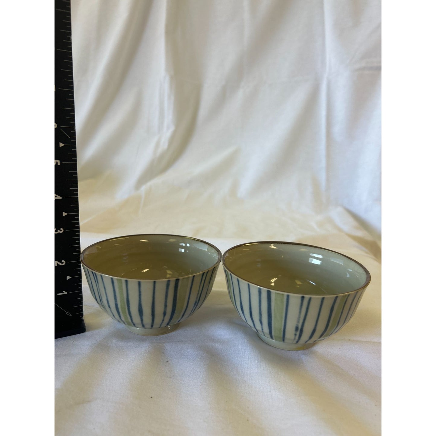 Handmade Ceramic Bowls With Blue Striped Design & Glossy Finish Set Of 2 2.5" Tall