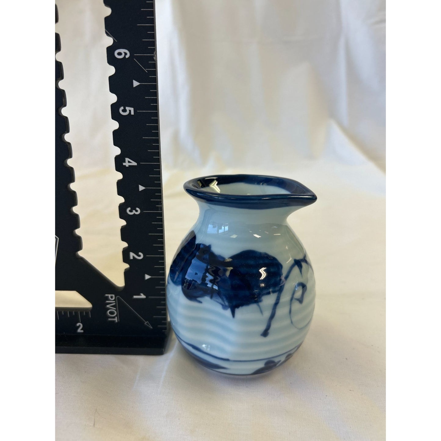 Hand-Painted Blue & White Ceramic Mini Vase 3.5" Tall With Abstract Swirl Design