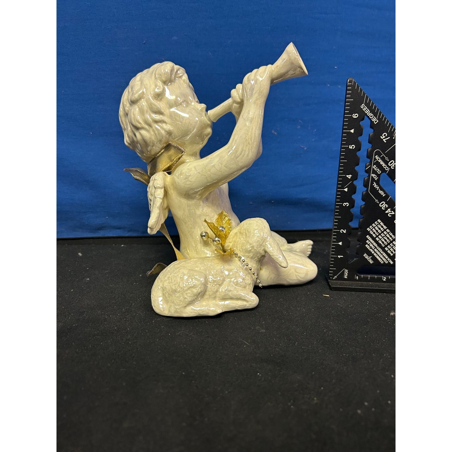Ceramic Angel Figurine Playing Horn With Lamb & Gold Ribbon Wings