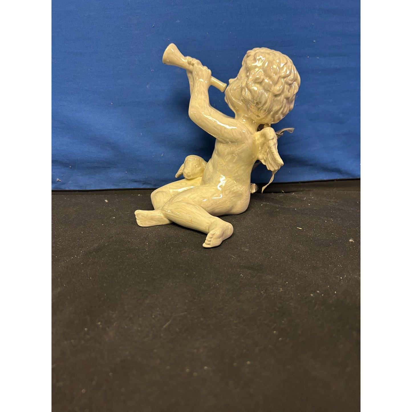 Ceramic Angel Figurine Playing Horn With Lamb & Gold Ribbon Wings