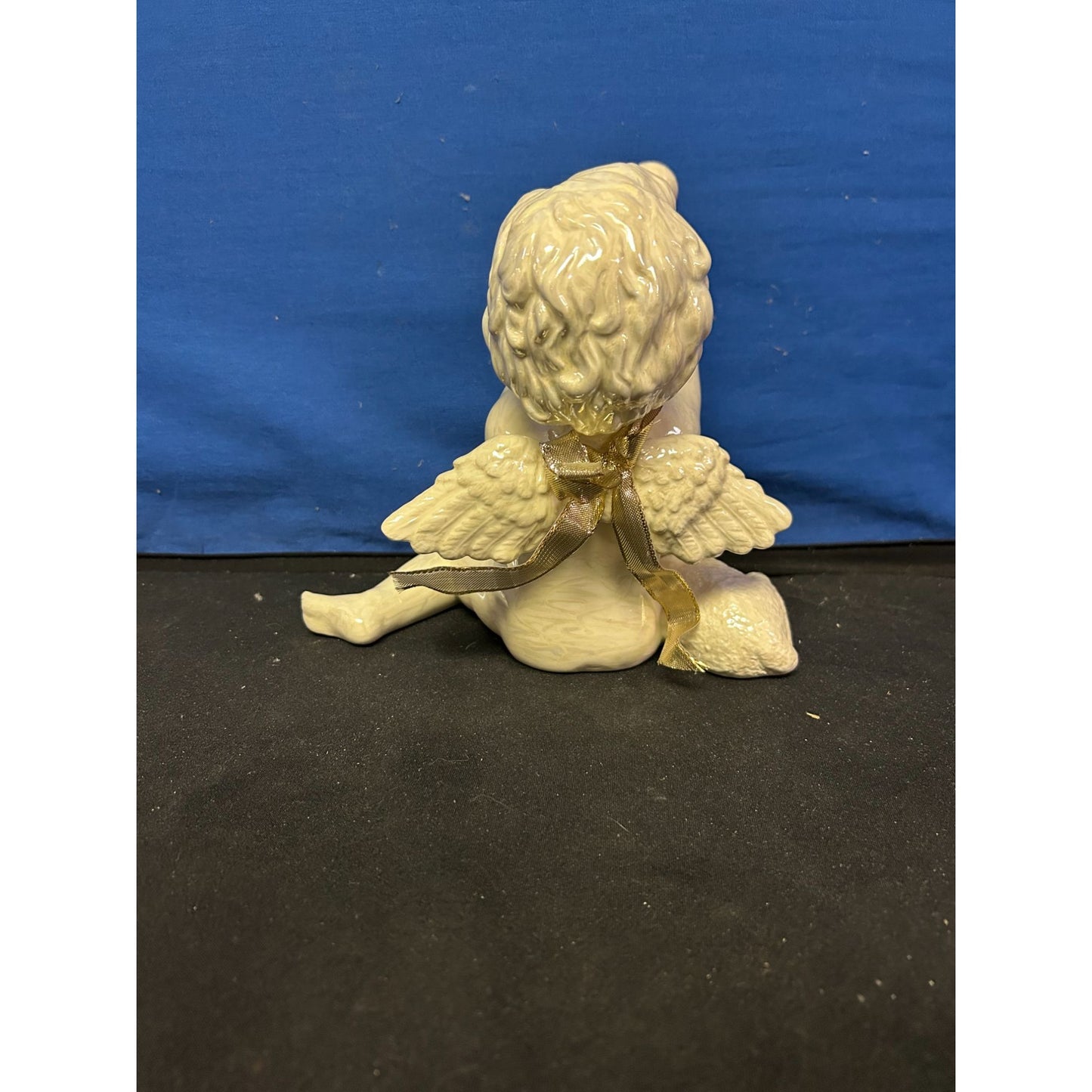 Ceramic Angel Figurine Playing Horn With Lamb & Gold Ribbon Wings