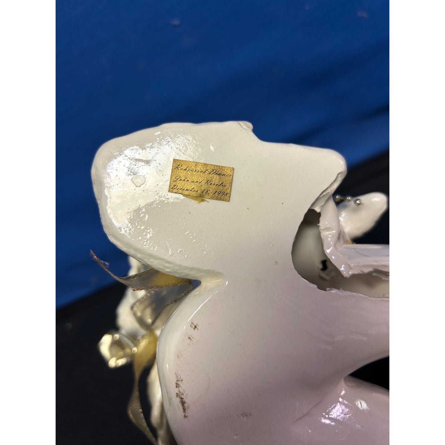 Ceramic Angel Figurine Playing Horn With Lamb & Gold Ribbon Wings