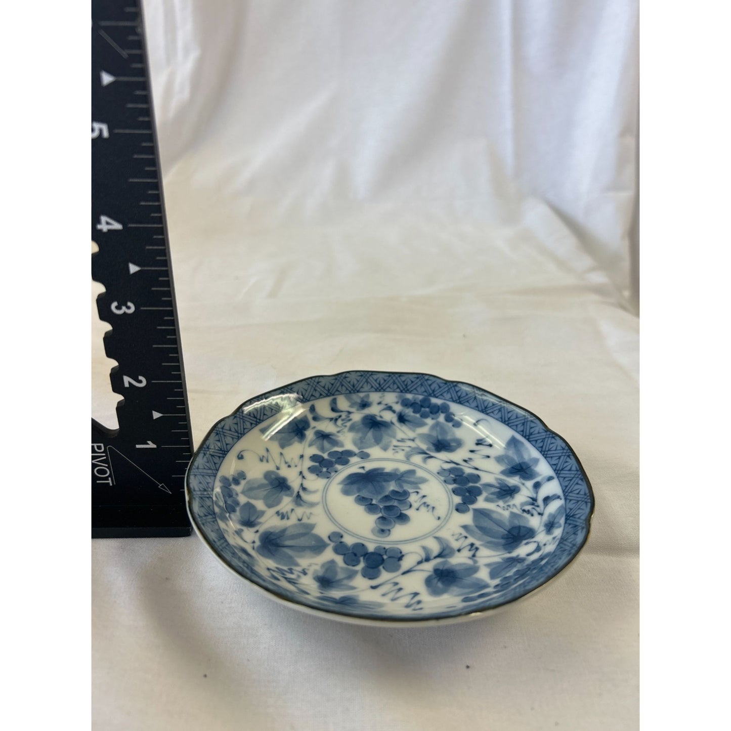 Vintage Blue & White Porcelain Plate With Floral & Grape Design