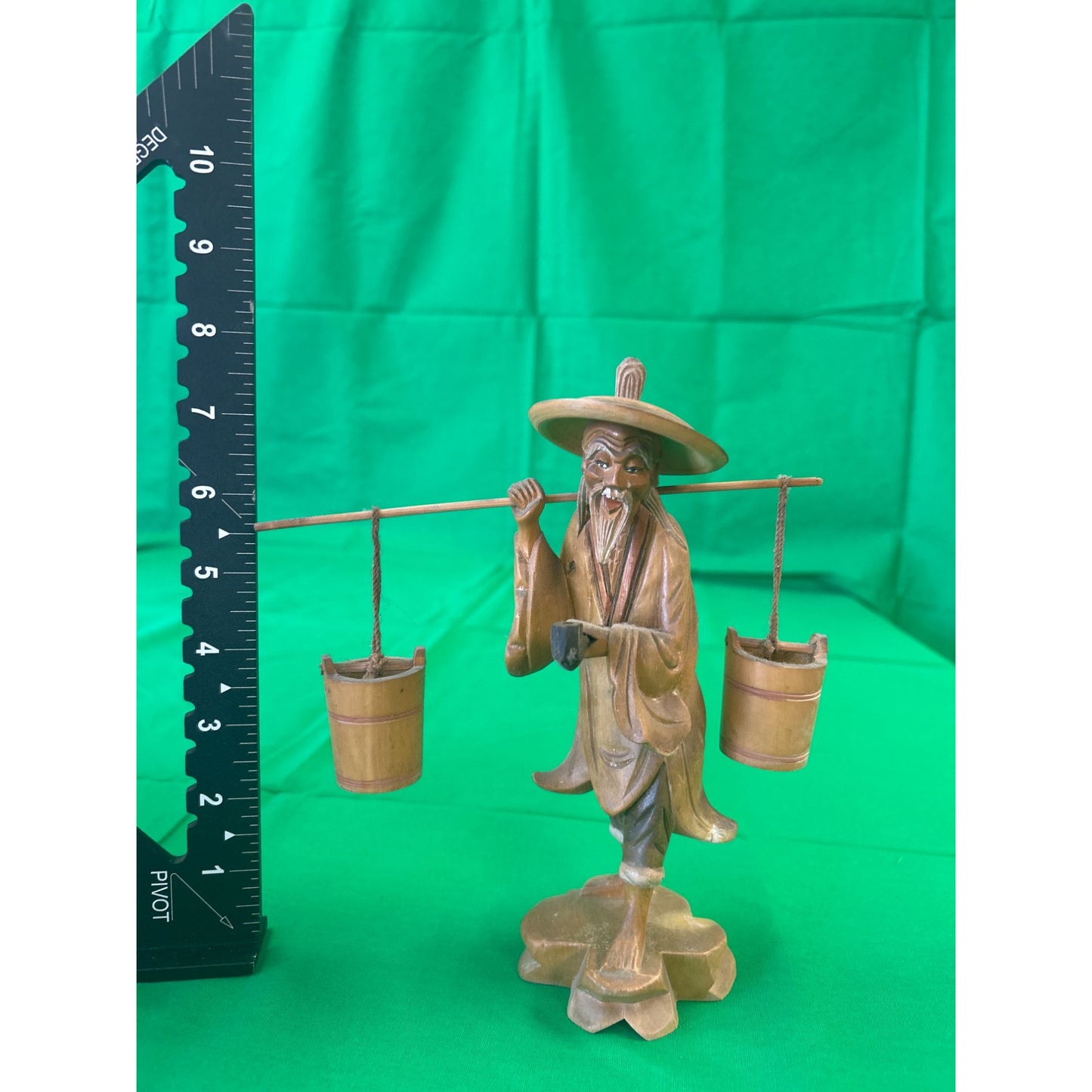 Hand-Carved Wooden Figurine Of Elderly Man Carrying Water Buckets Rustic Decor 8" Tall