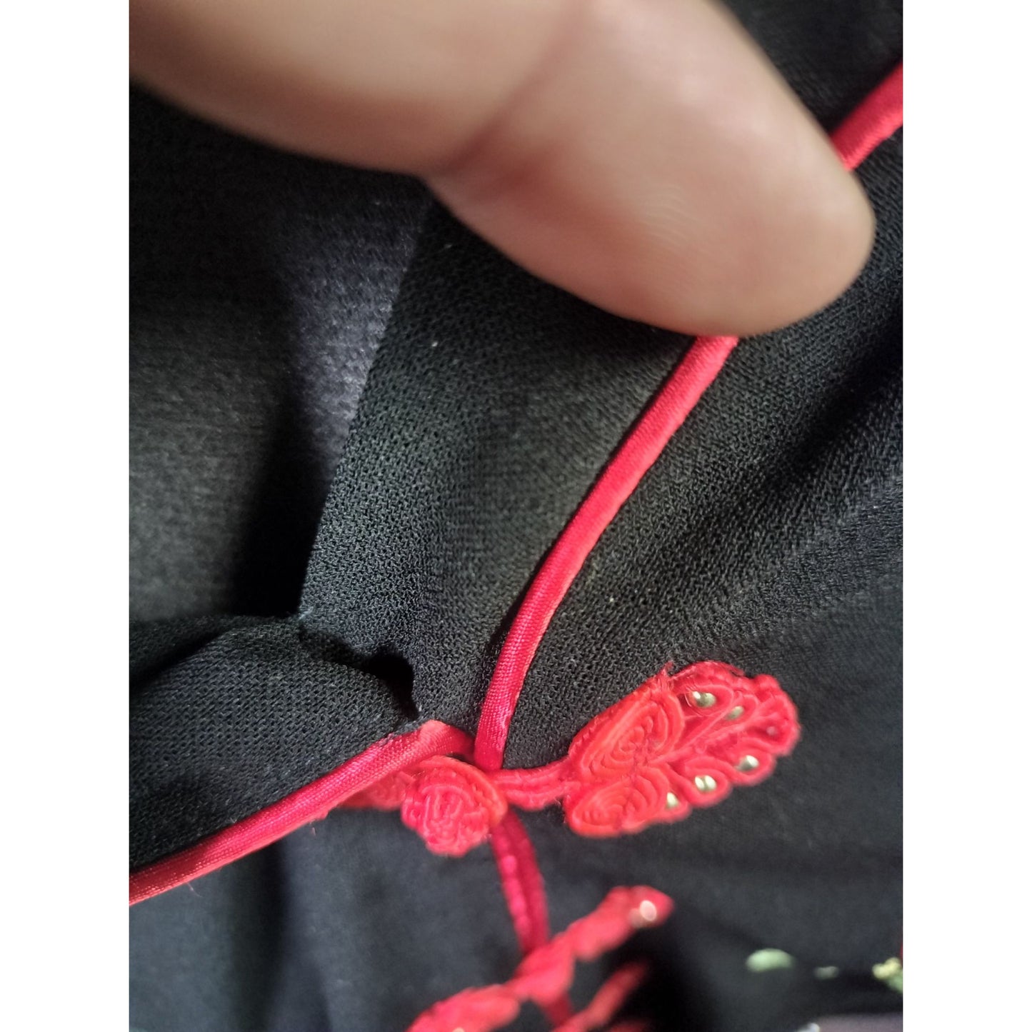 Vintage Black Mandarin Collar Jacket With Red Floral Embroidery & Frog Buttons Womens S/M