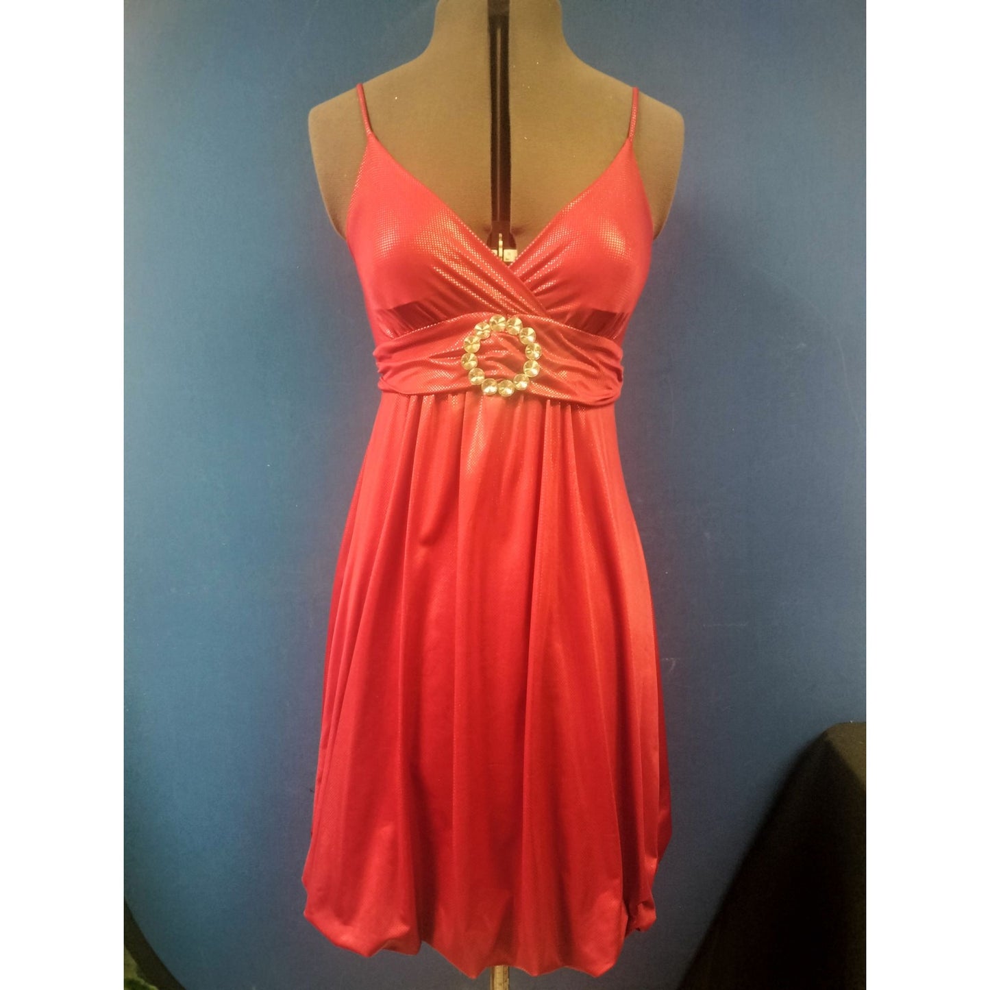 Red Spaghetti Strap Party Dress With Rhinestone Accent By Trac Small Polyester Metallic Womens