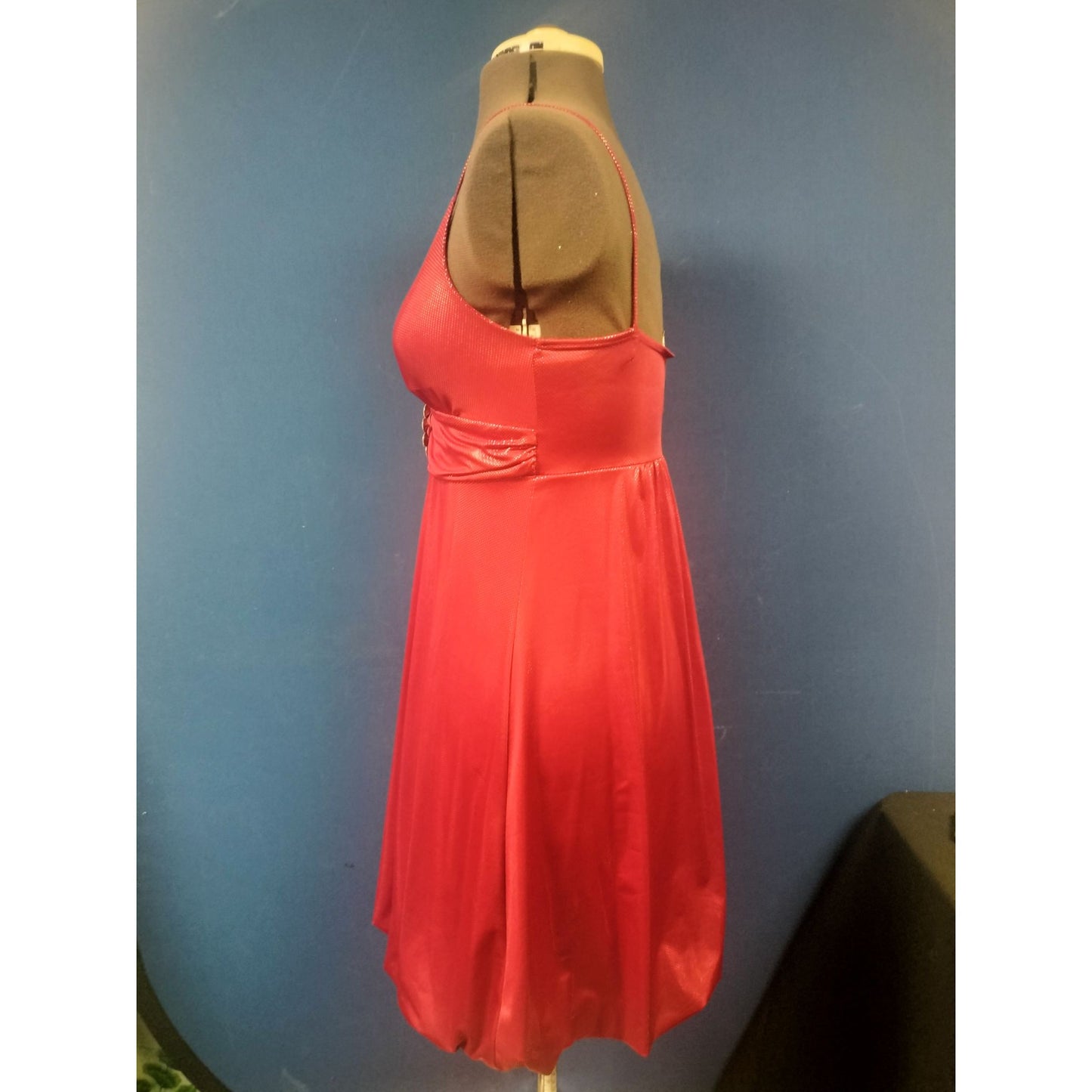 Red Spaghetti Strap Party Dress With Rhinestone Accent By Trac Small Polyester Metallic Womens