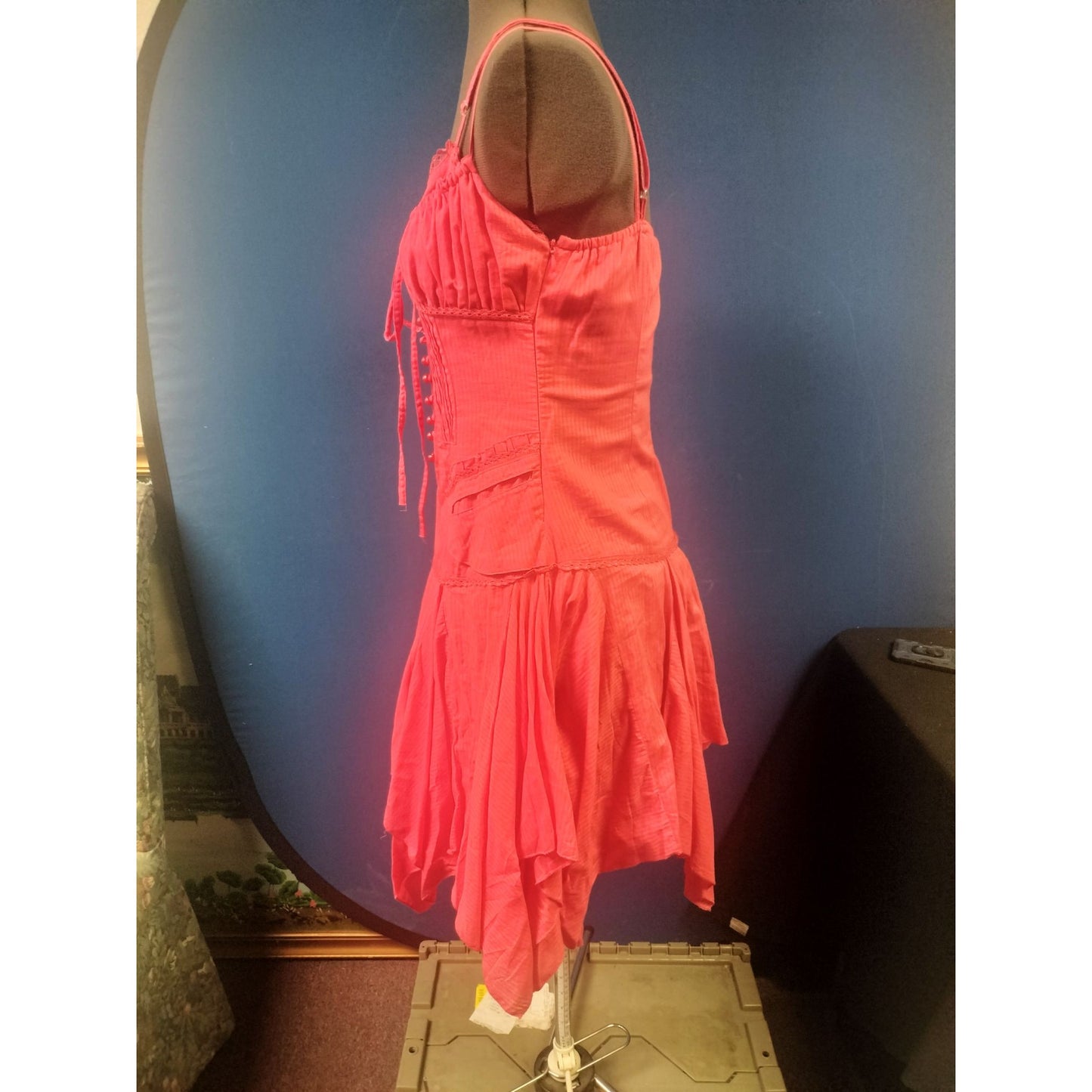 Tea NWT Women's Pink Cotton Corset Style Sleeveless Dress Laced Front & Handkerchief Hem S