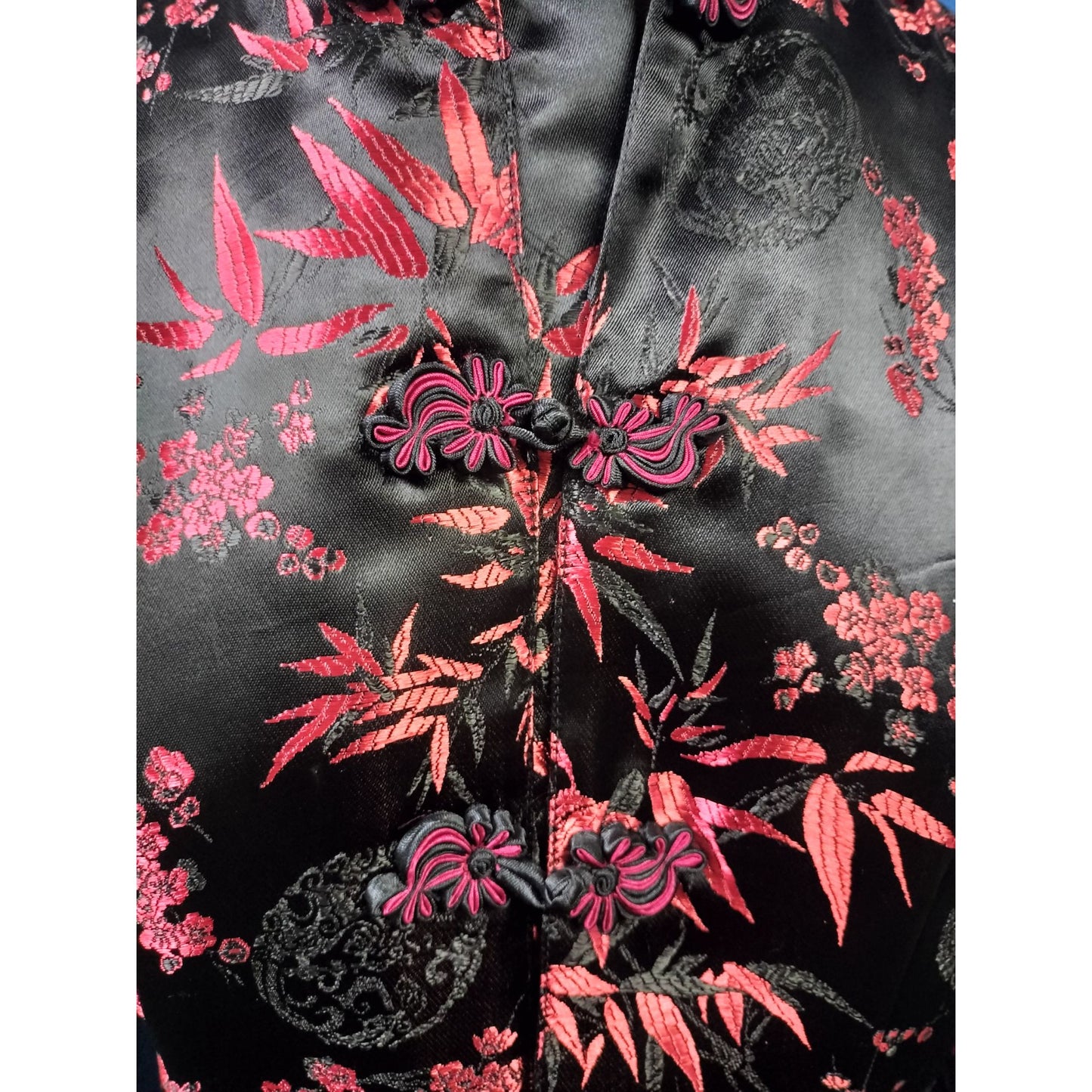 Vintage Asian-Inspired Black & Red Floral Satin Jacket With Frog Closures & Pockets Womens M