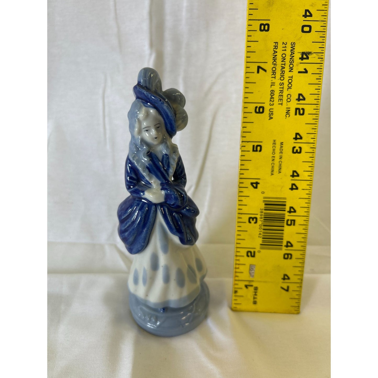 Vintage Blue & White Ceramic Figurine Of Woman Holding Fan