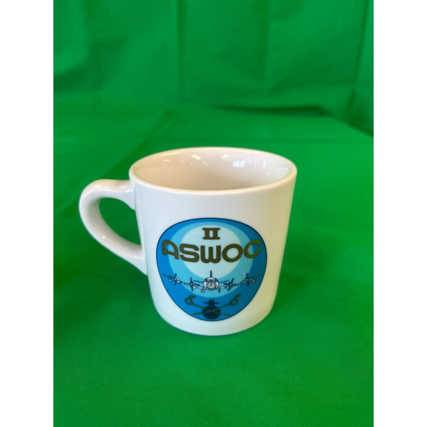 ASWOC II Ceramic Coffee Mug Blue & White Design 3" Tall Vintage Collectible