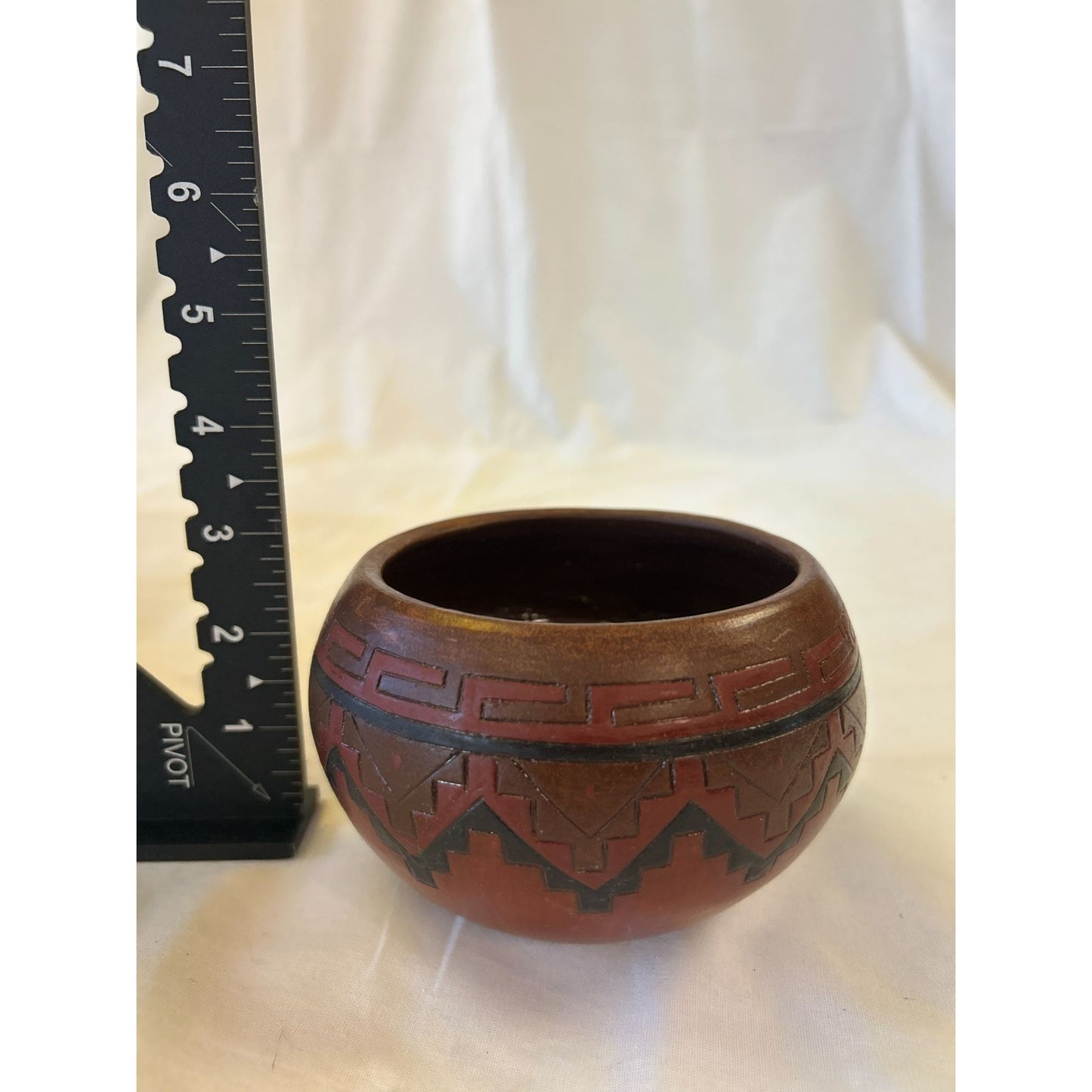 Handcrafted Navajo Clay Pot With Geometric Patterns - Red & Brown Finish - 3.5" Diameter