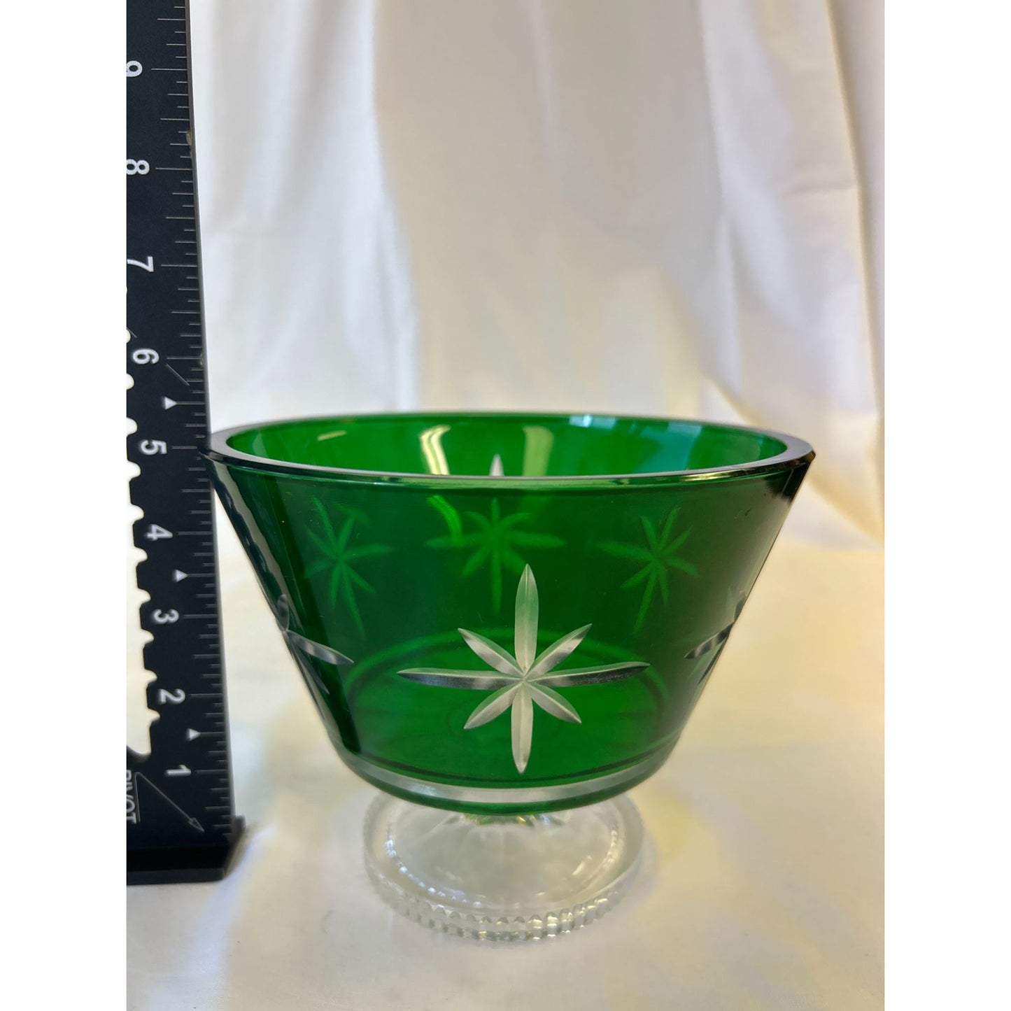 Vintage Green Glass Bowl With Starburst Design & Clear Pedestal Base