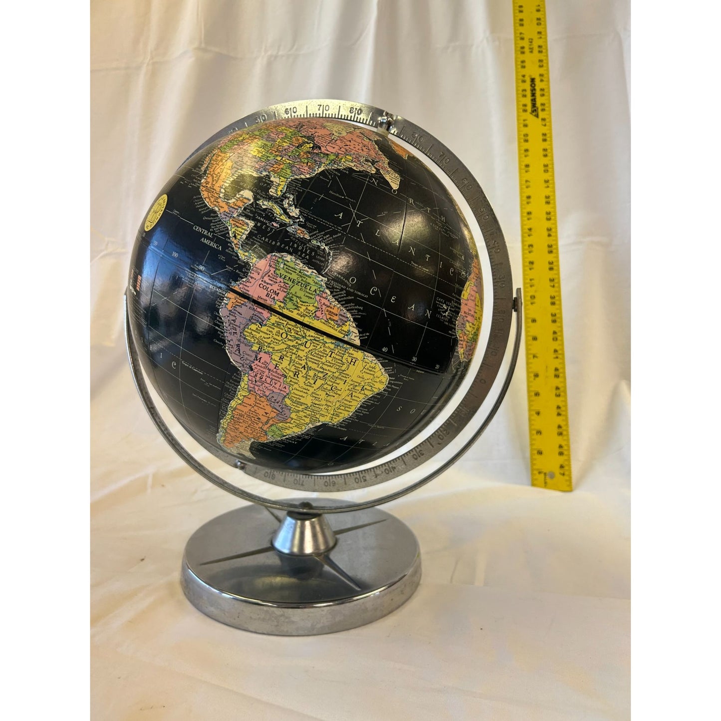Vintage Replogle 12-Inch Black Ocean Globe With Metal Base & Latitude Scale