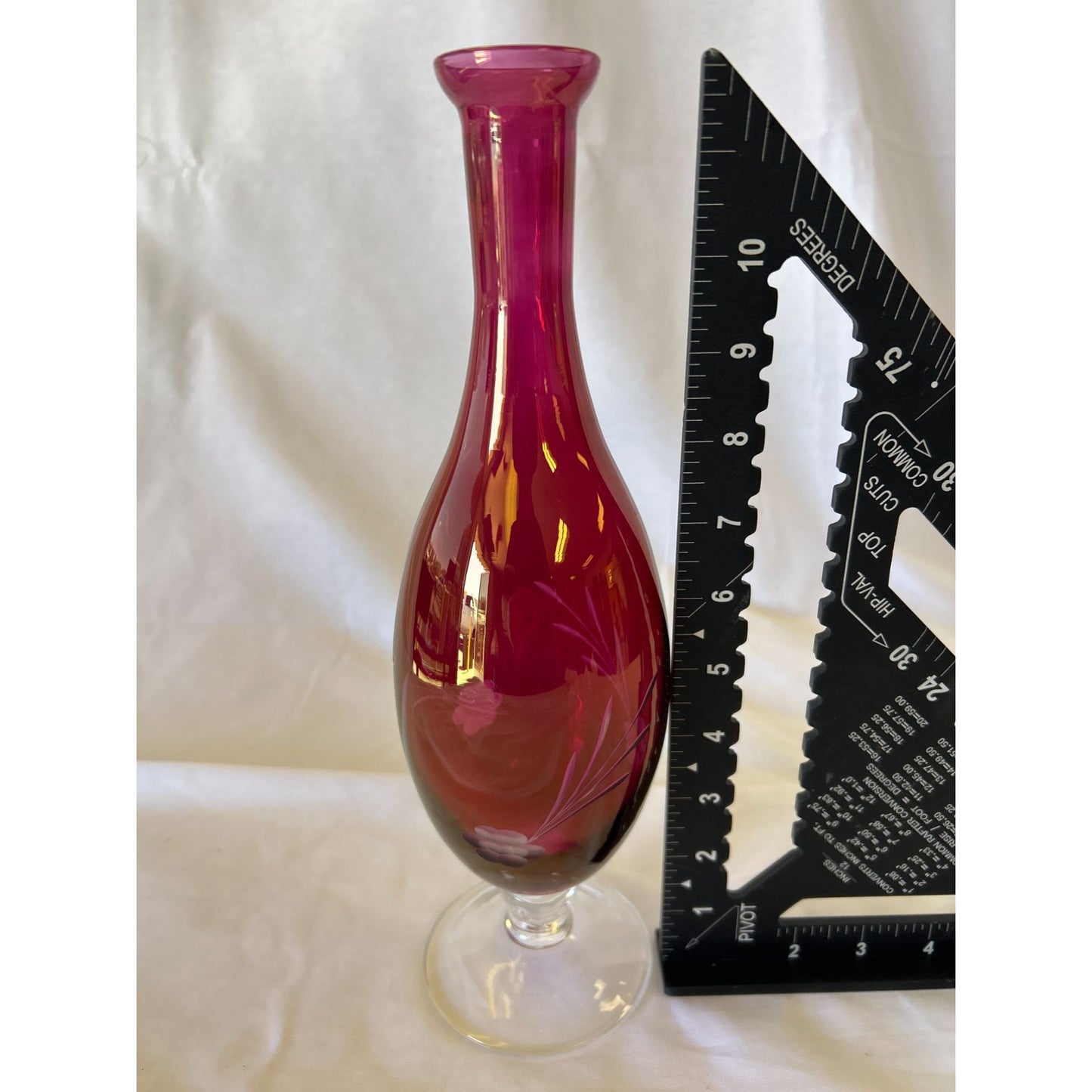 Vintage Handblown Pink Glass Vase With Etched Floral Design