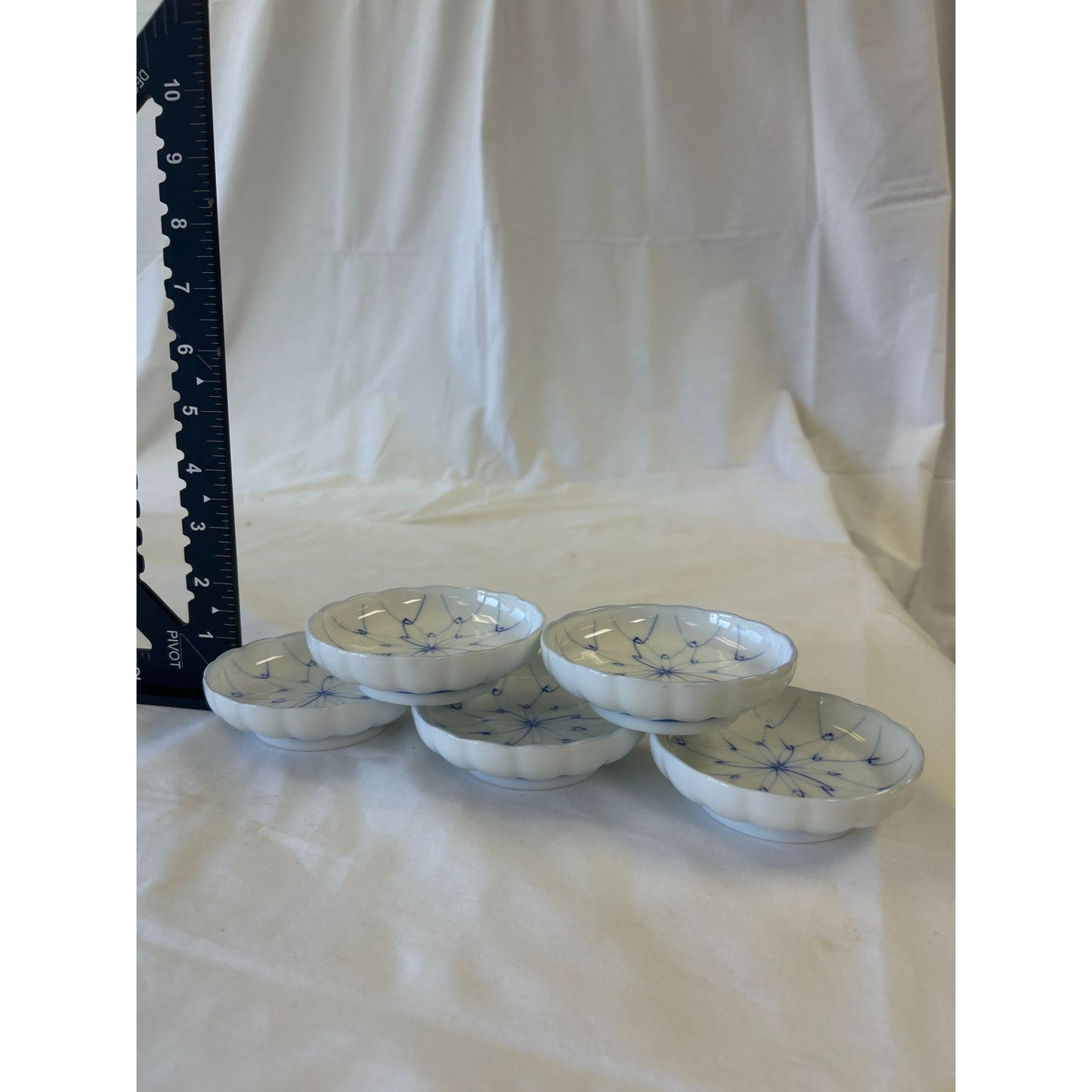 Set Of 5 Small White & Blue Floral Porcelain Dipping Bowls 3.5" Diameter