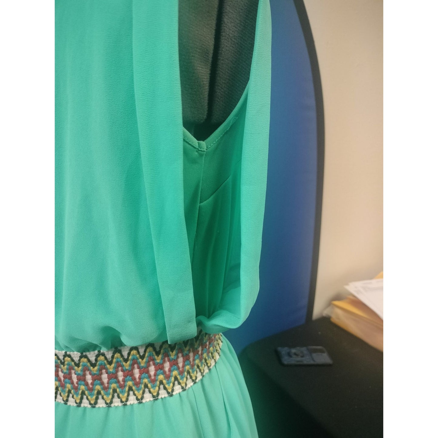 Green Sleeveless V-Neck Dress W/ Colorful Elastic Waistband & Back Tie Closure Womens Size M