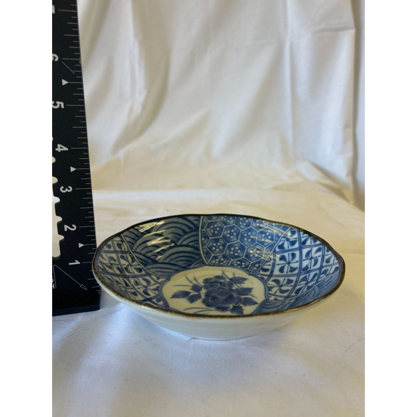 Vintage Japanese Blue & White Porcelain Bowl With Floral & Geometric Patterns