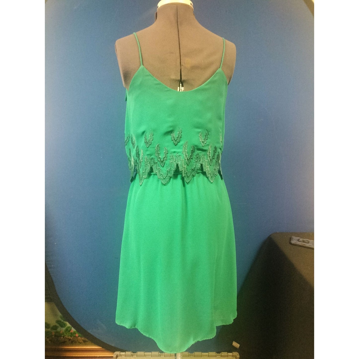 Green Sleeveless Spaghetti Strap Dress With Lace Overlay & Bow Detail By George S.