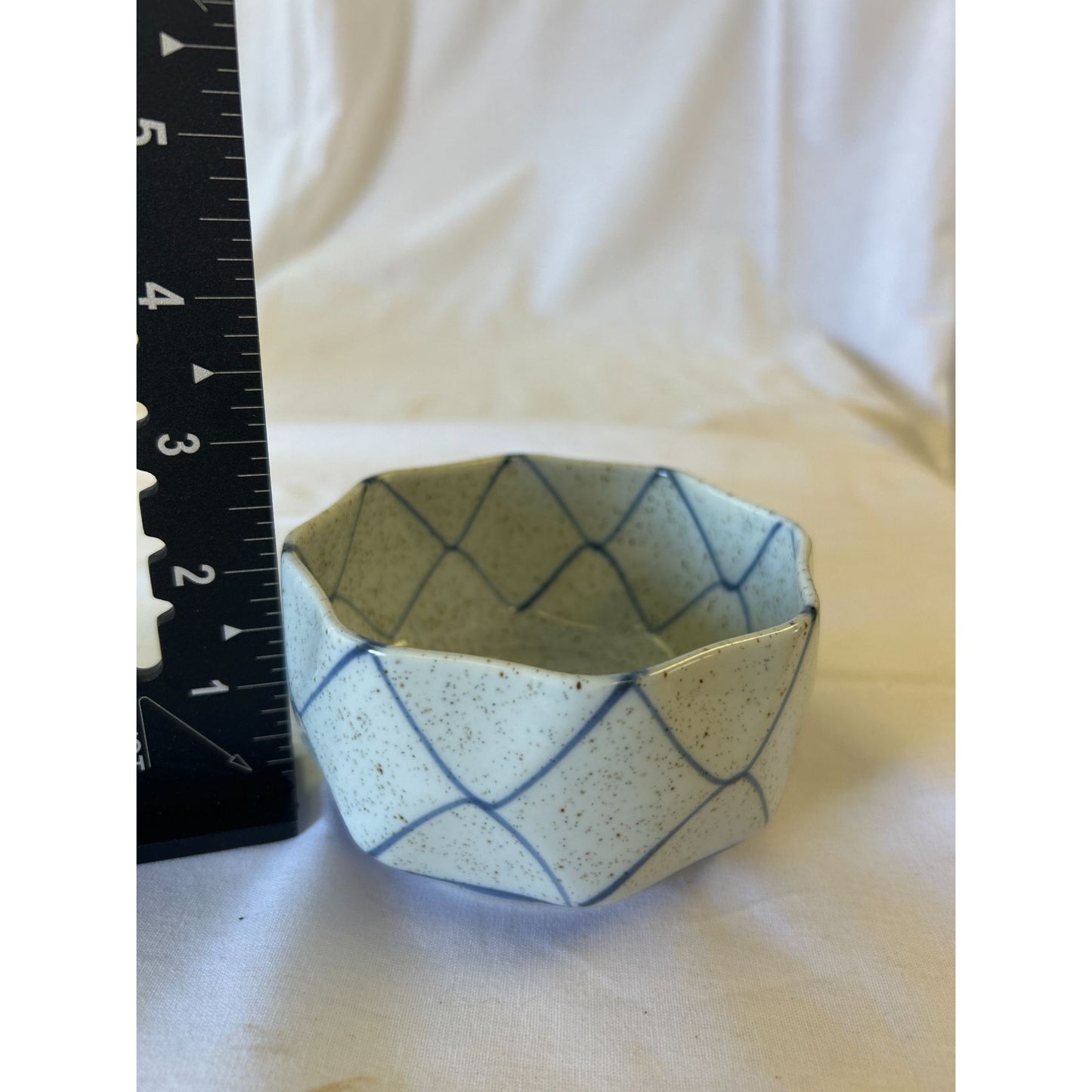 Handcrafted Ceramic Octagonal Bowl With Blue Diamond Pattern