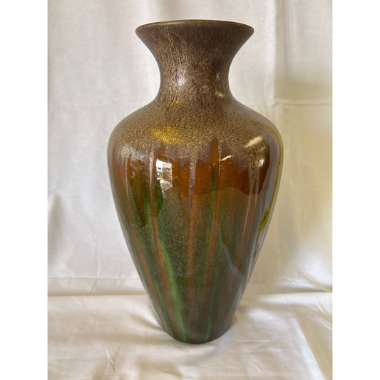 Vintage Brown & Green Ceramic Vase With Glossy Finish 18" Tall Decorative Piece For Home Or Office